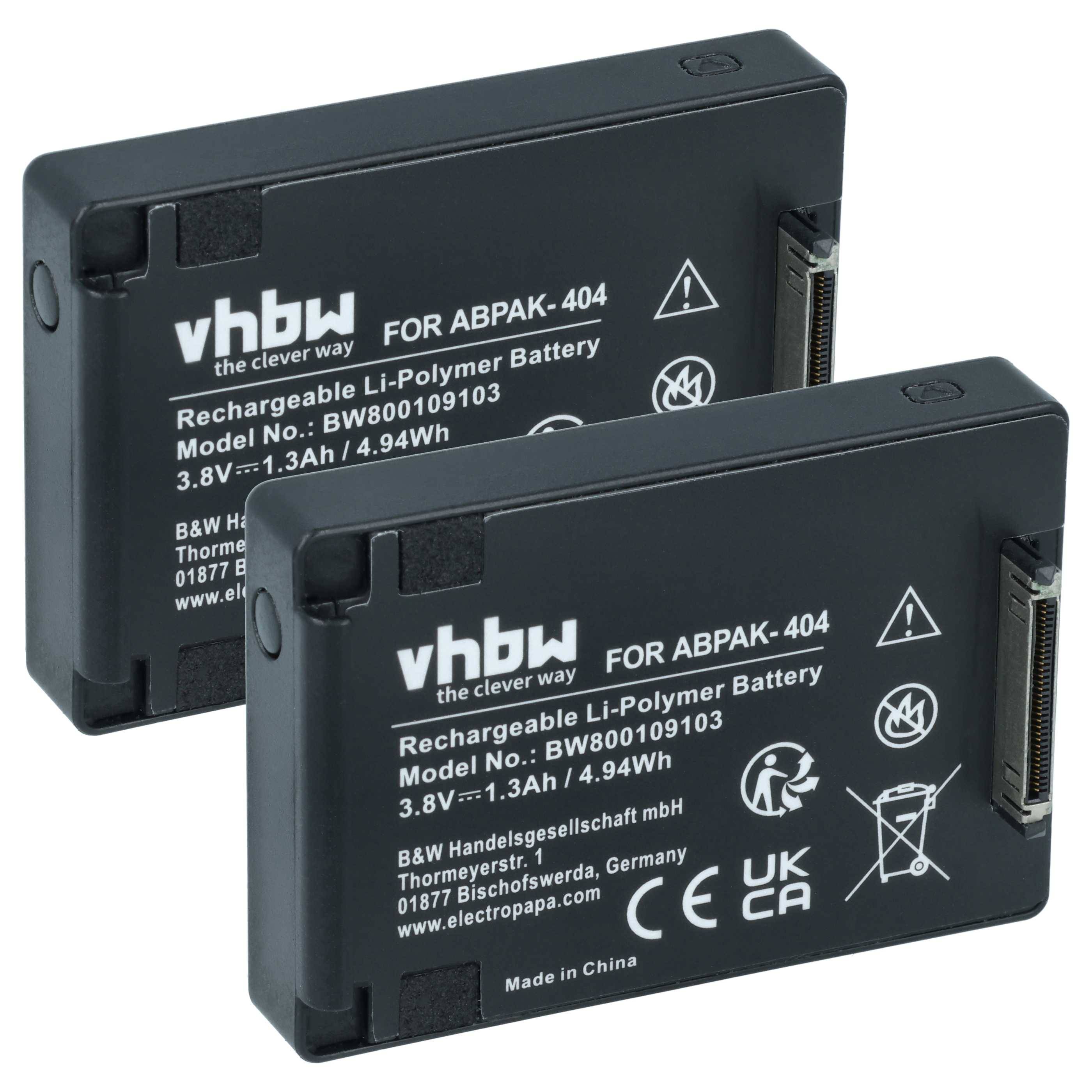 Zwei schwarze wiederaufladbare Li-Polymer-Kamerabatterien mit vhbw-Beschriftung für ABPAK-404, Modell BW800109103, 3,8V 1,3Ah 4,94Wh.
