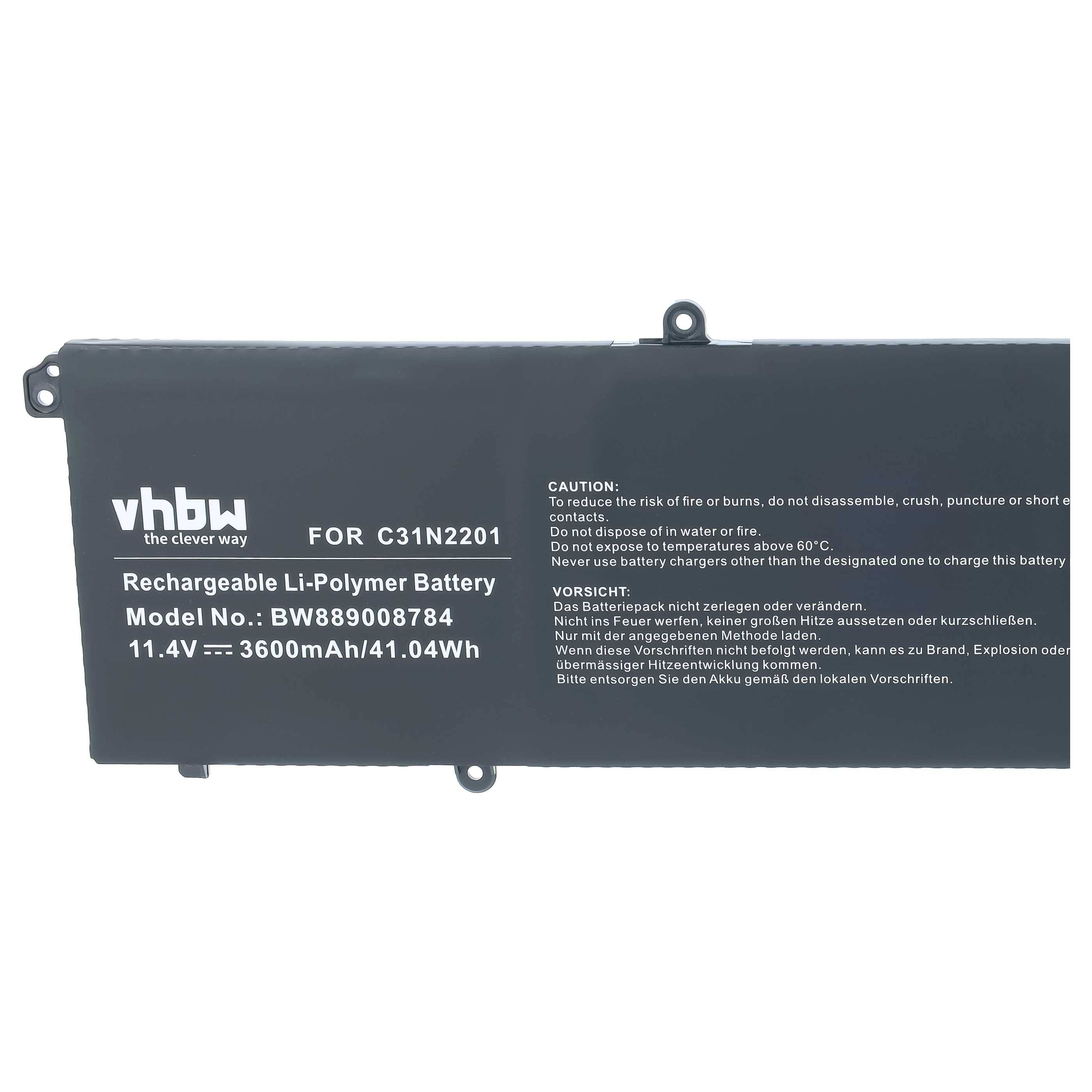 Schwarzer aufladbarer Li-Polymer-Akku mit vhbw-Etikett, Modell BW88900784, 11,4V 3600mAh/41,04Wh, für C31N2201.