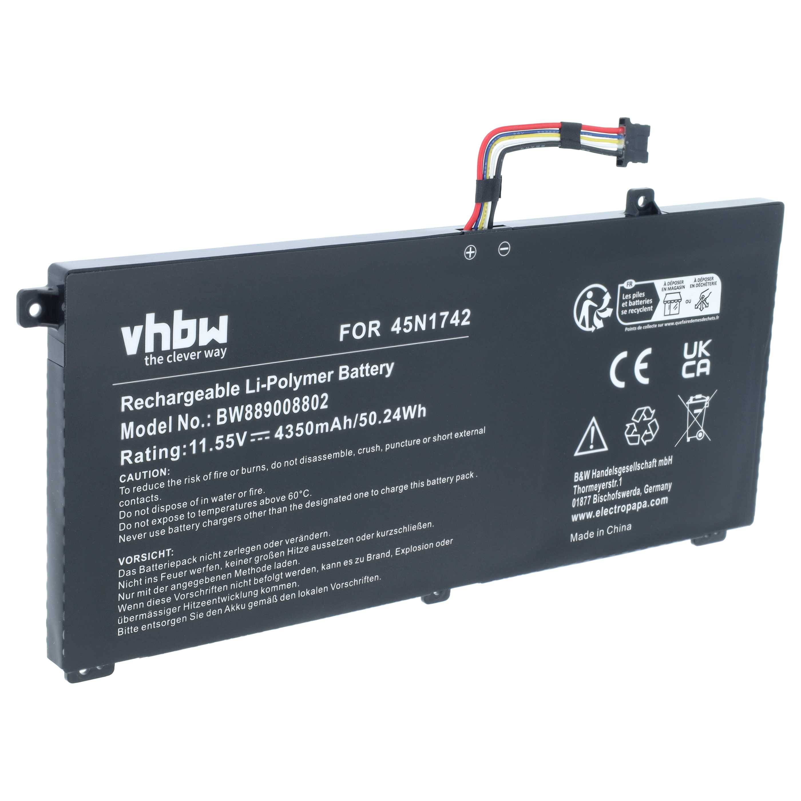 Schwarzer vhbw wiederaufladbarer Li-Polymer-Akku für 45N1742, Modell BW88900802, 11,55V 4350mAh/50,24Wh, mit Anschlussleitung.