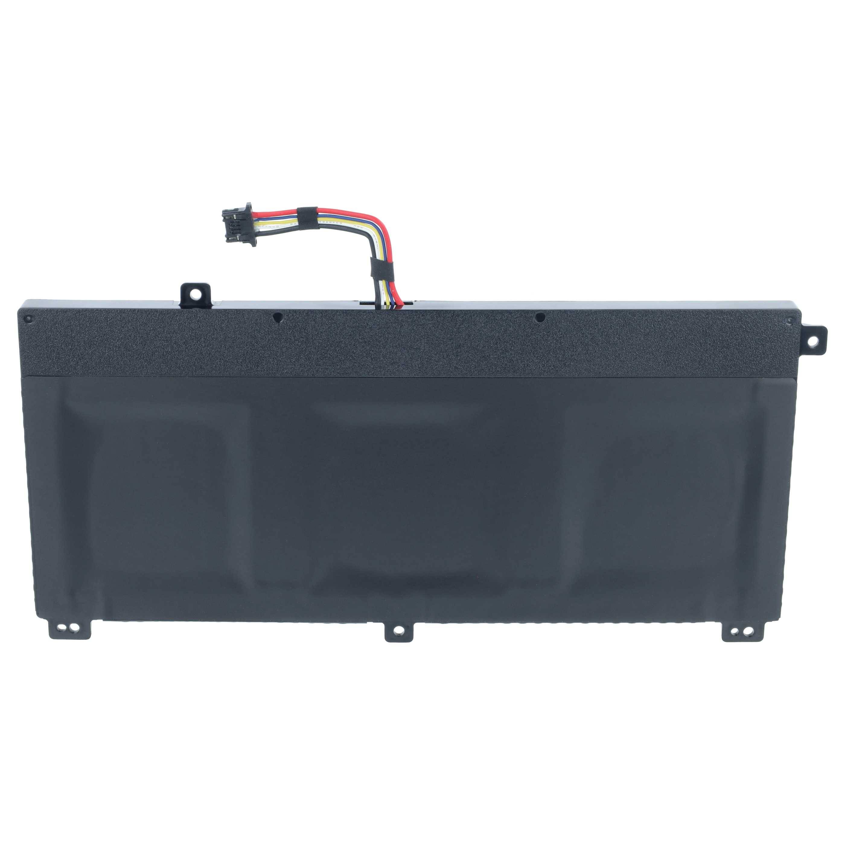 Schwarzes rechteckiges Batteriepack mit angefügtem mehrfarbigem Kabelstecker auf weißem Hintergrund.