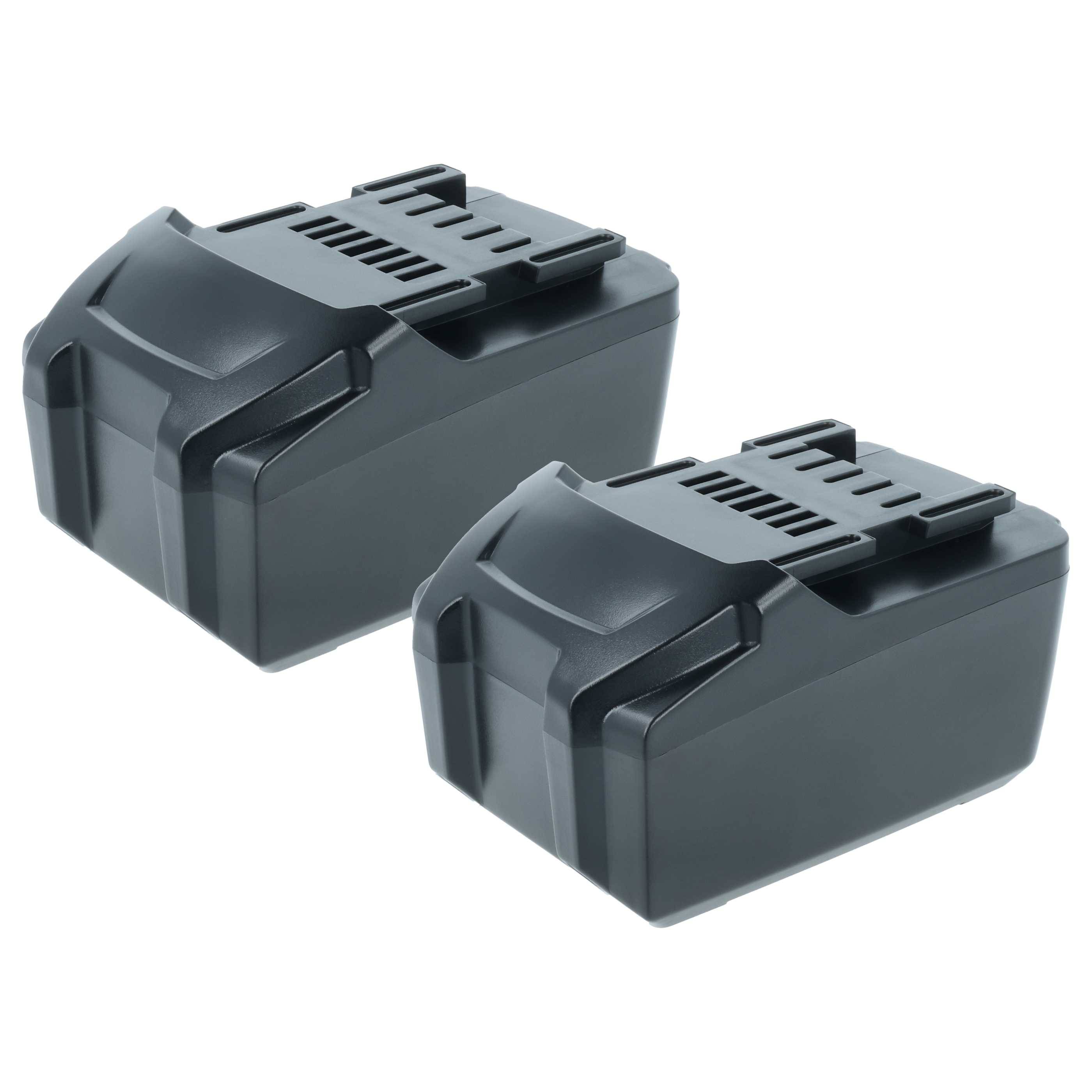 Zwei schwarze wiederaufladbare Batteriepacks auf weißem Hintergrund.