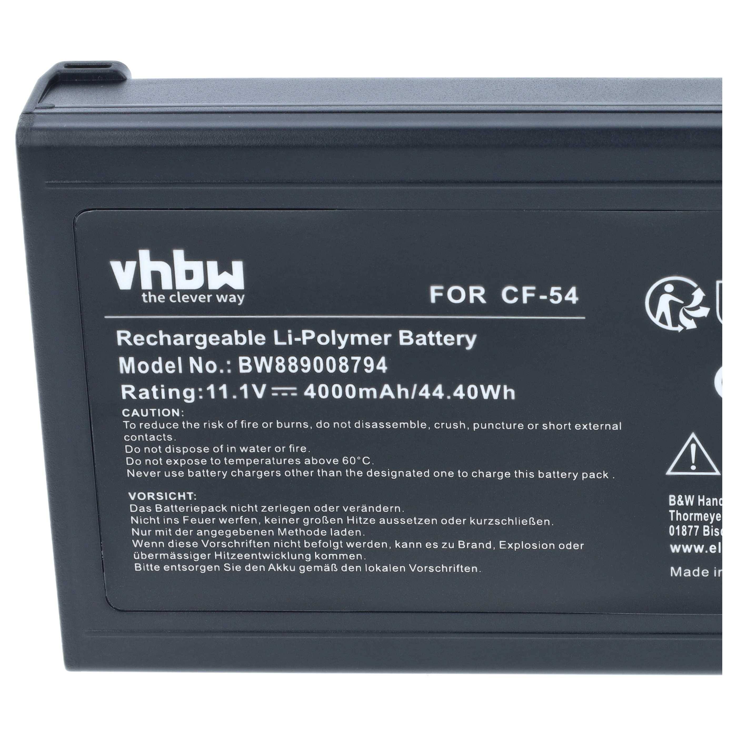 Etikett auf einem Vhbw wiederaufladbaren Li-Polymer-Akku für CF-54, mit Modell BW889008794 und Nennwerten 11,1V, 4000mAh, 44,40Wh.