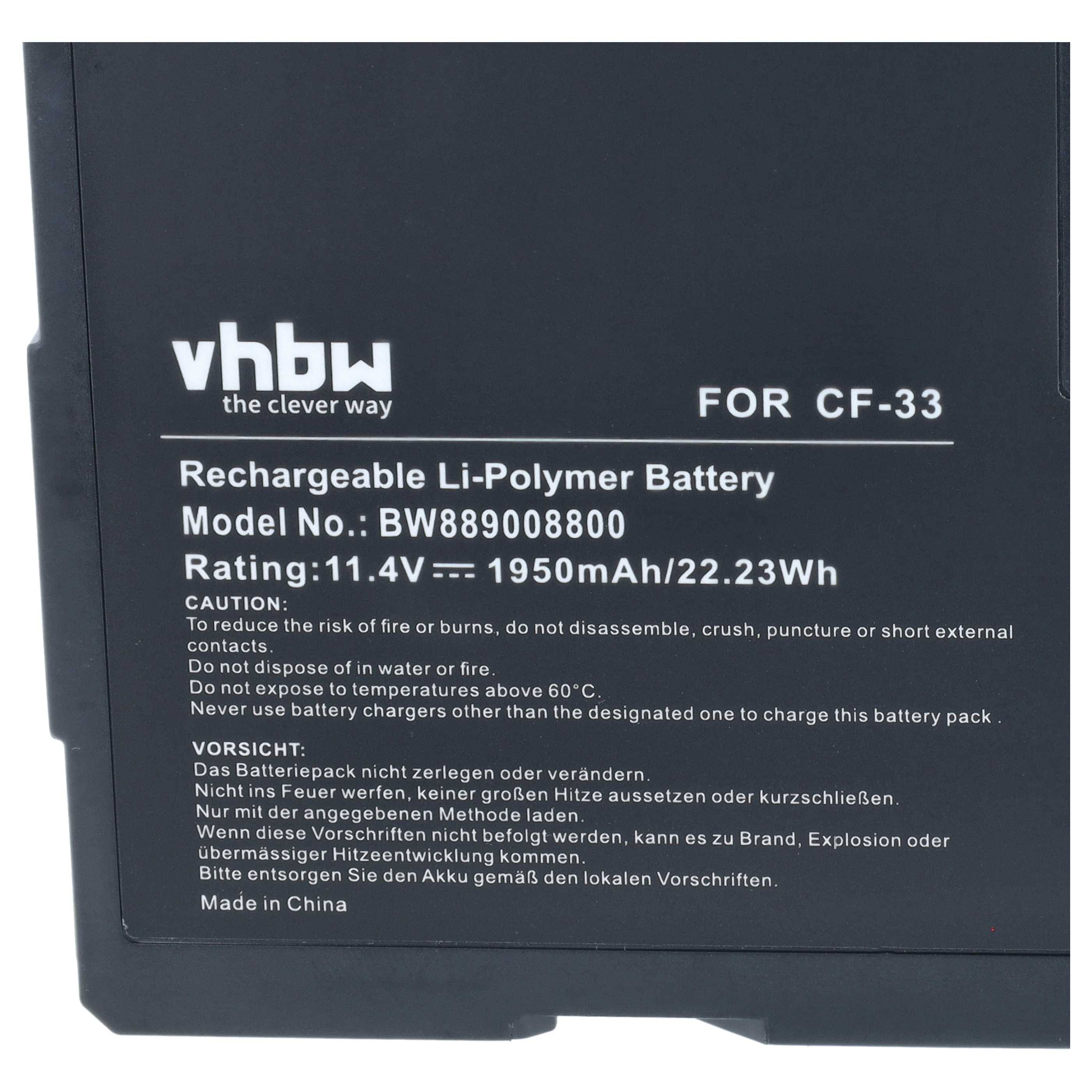 Etikett auf einem aufladbaren vhbw Li-Polymer-Akkupack für CF-33, Modell BW889008800, Nennwerte 11,4V 1950mAh/22,23Wh.