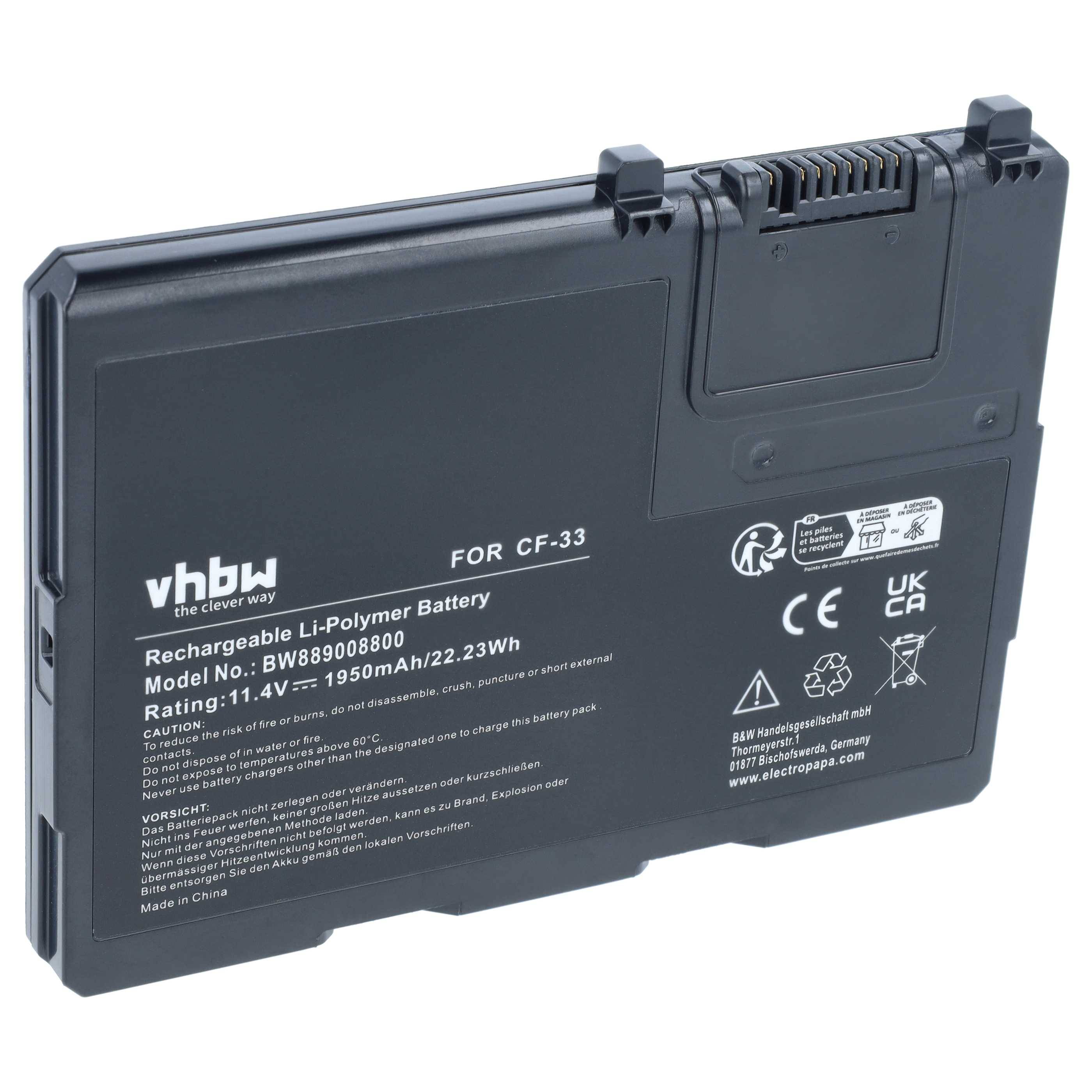 Schwarzer aufladbarer Li-Polymer-Batteriepack mit der Bezeichnung 'vhbw' für CF-33, mit Modell- und Sicherheitszertifizierungsmarkierungen.