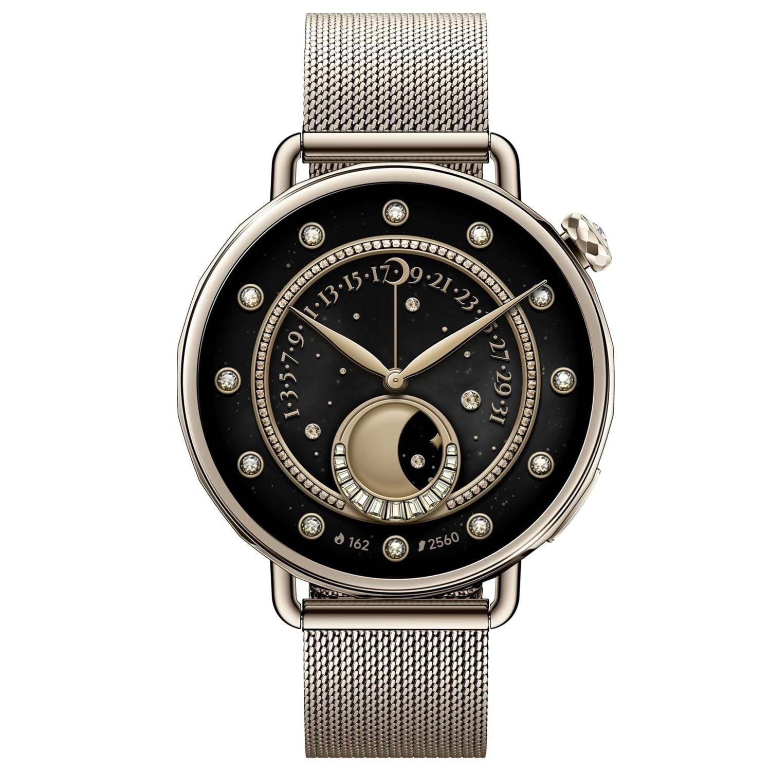 Luxuriöse runde Armbanduhr mit schwarzem Zifferblatt, Diamantenverzierungen, Mondphasen-ähnlichem Hilfswerk und silbernem Mesh-Armband auf weißem Hintergrund.