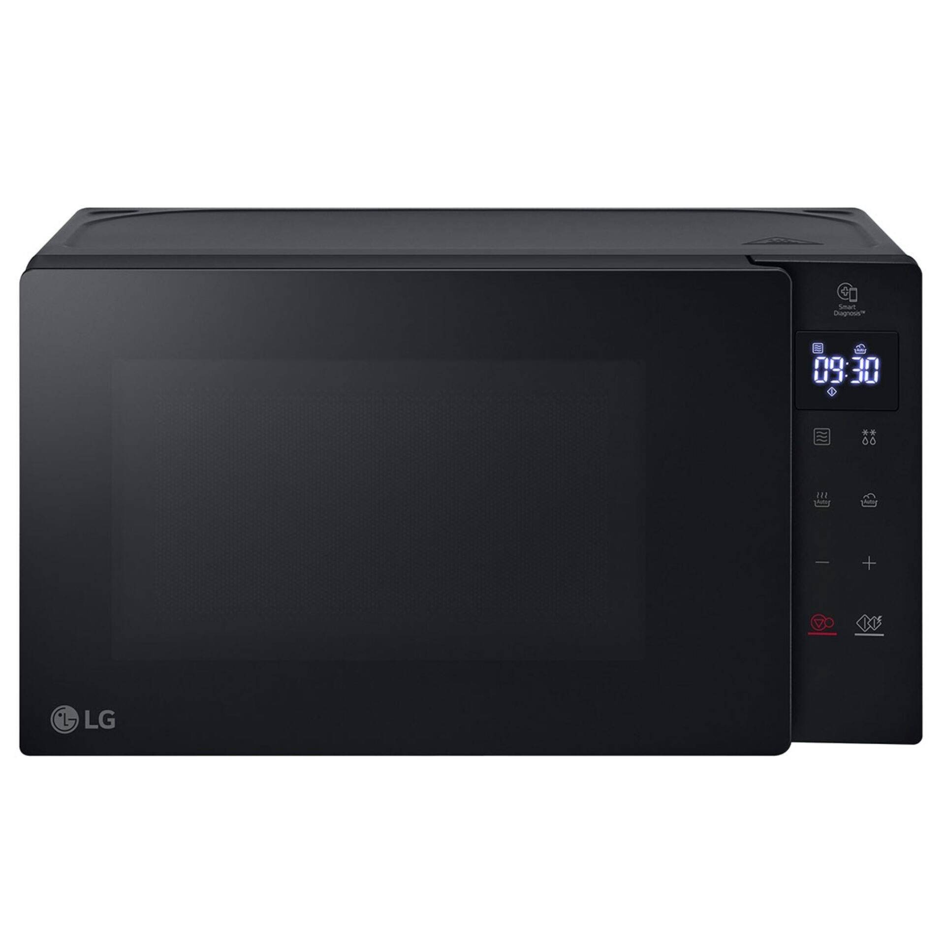Schwarze LG-Mikrowelle mit digitaler Steuerungstafel, die 09:30 anzeigt