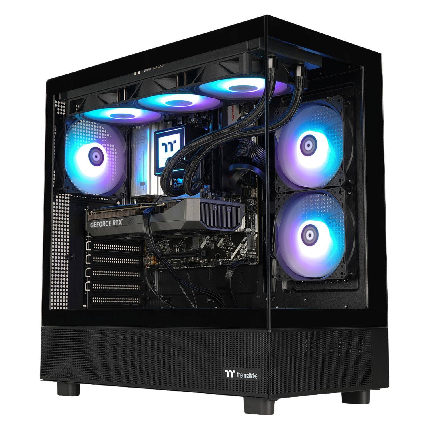 Benutzerdefinierter Gaming-PC in einem schwarzen Gehäuse mit RGB-beleuchteten Kühlungsventilatoren, sichtbarer GeForce RTX-Grafikkarte und einem Seitenpanel aus gehärtetem Glas.