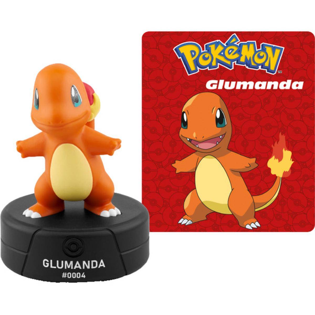 Pokémon Glumanda-Figur auf schwarzem Sockel mit der Beschriftung „GLUMANDA #0004