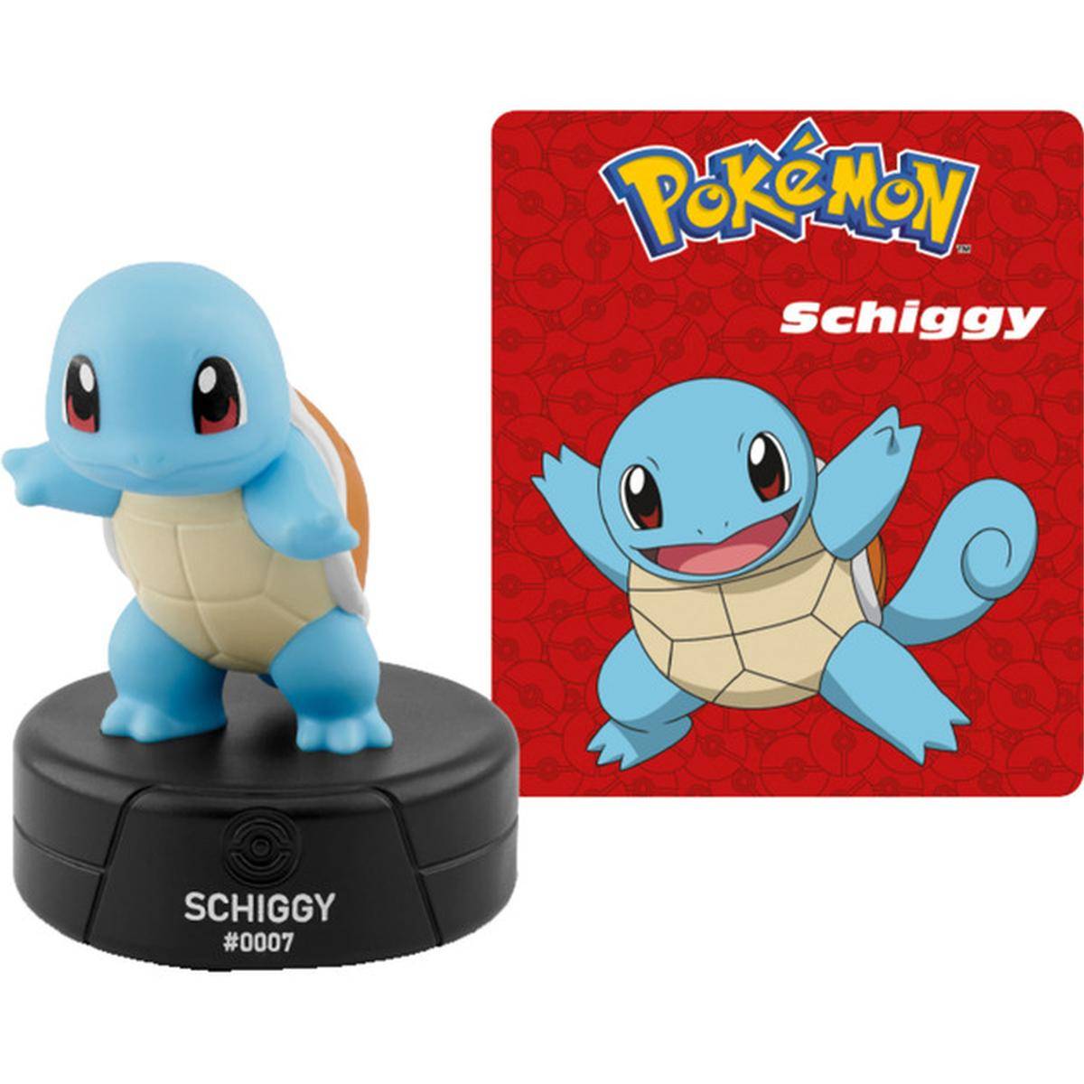Pokémon Schiggy Figur auf schwarzem Sockel mit der Bezeichnung „SCHIGGY #0007