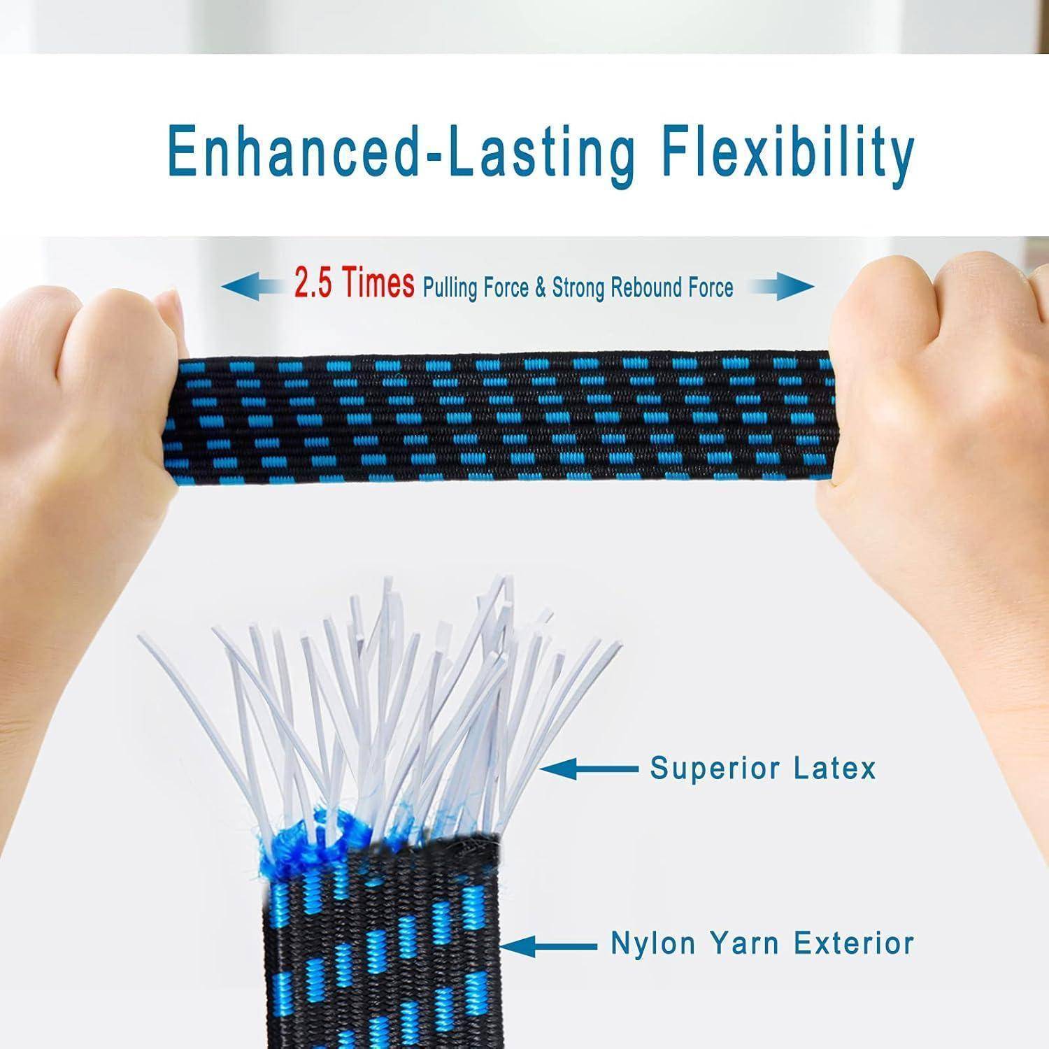 Hände, die ein schwarzblaues elastisches Band mit der Aufschrift „Enhanced-Lasting Flexibility