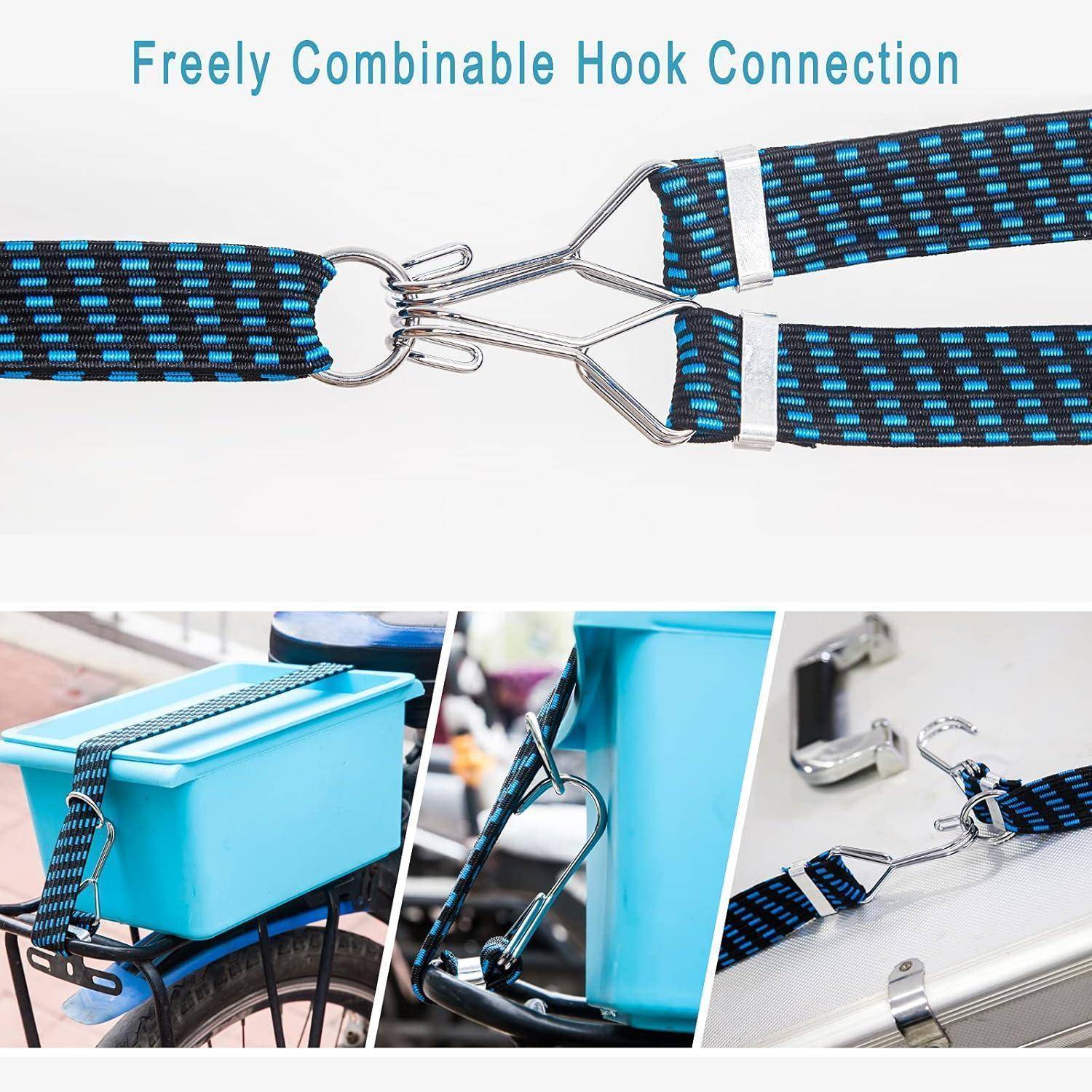 Diagramm zeigt eine frei kombinierbare Hakenbefestigung für einen elastischen Riemen mit Beispielen zum Befestigen einer blauen Kühlbox an einem Fahrrad und anderer Ladung.