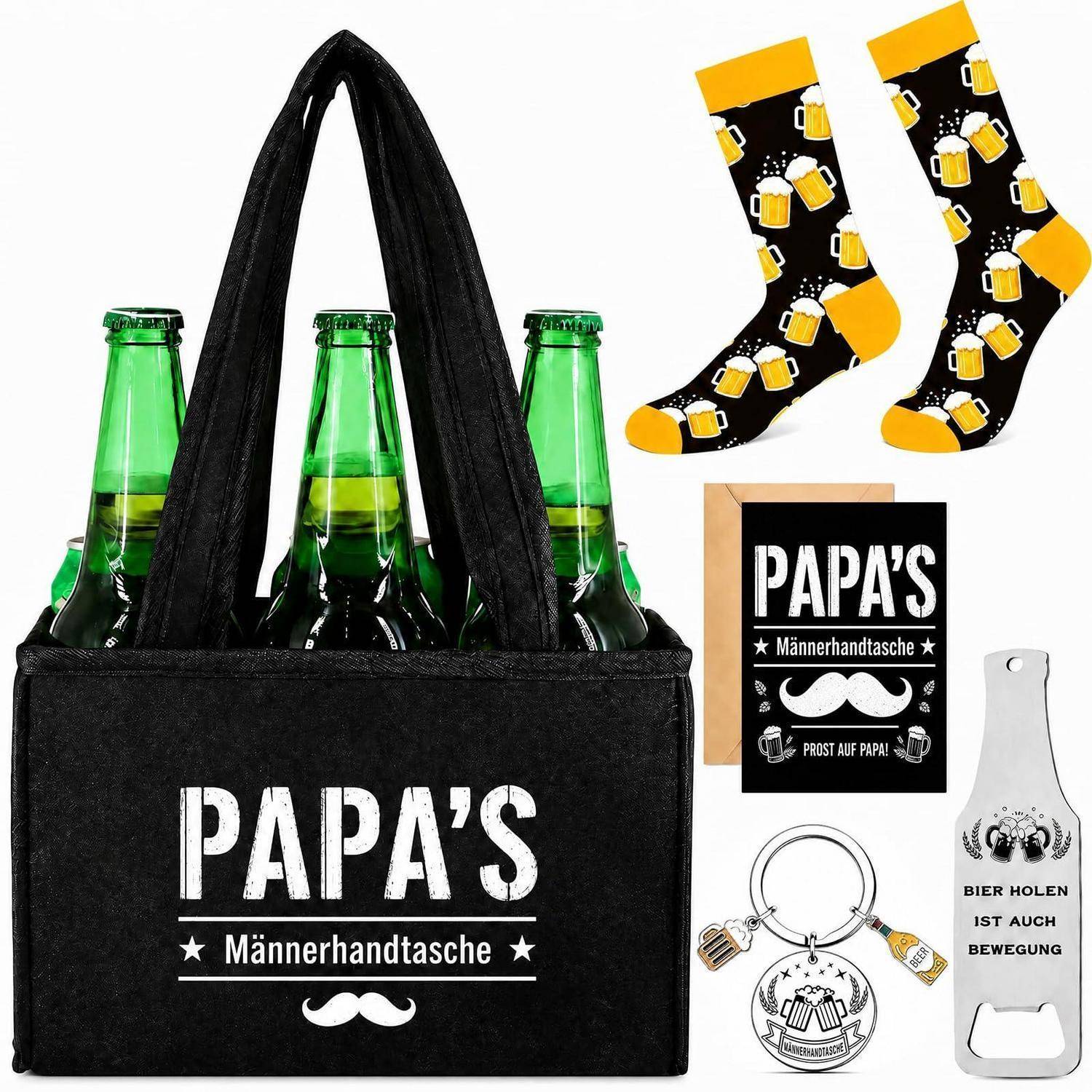 Vater-Geschenkset mit schwarzer Flaschentragetasche mit Aufschrift „PAPAS Männerhandtasche