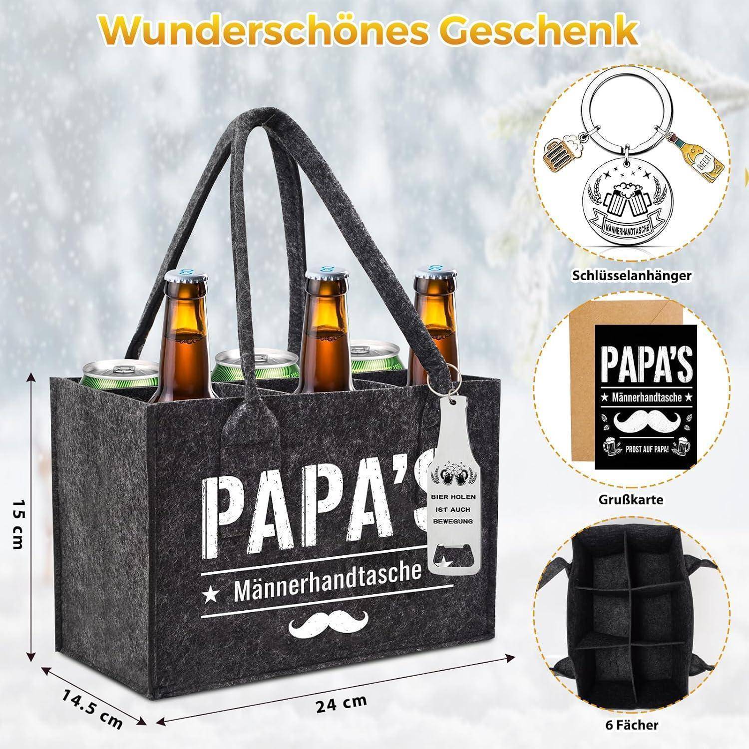 Bier Geschenkset Männerhandtasche mit Flaschenöffner, Schlüsselanhänger, Socken & Karte
