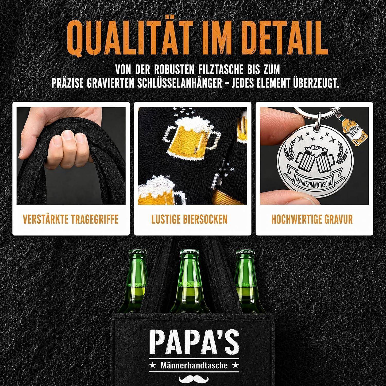 Bier Geschenkset Männerhandtasche mit Flaschenöffner, Schlüsselanhänger, Socken & Karte