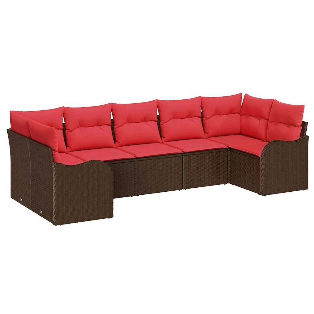Braunes Rattan-Ecksofa mit roten Kissen und passenden Rückenkissen, dargestellt auf weißem Hintergrund.
