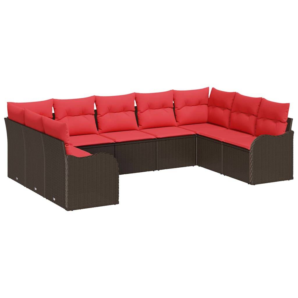 Outdoor L-förmiges Ecksofa mit dunkelgewebtem Rahmen und leuchtend roten Kissen auf weißem Hintergrund.
