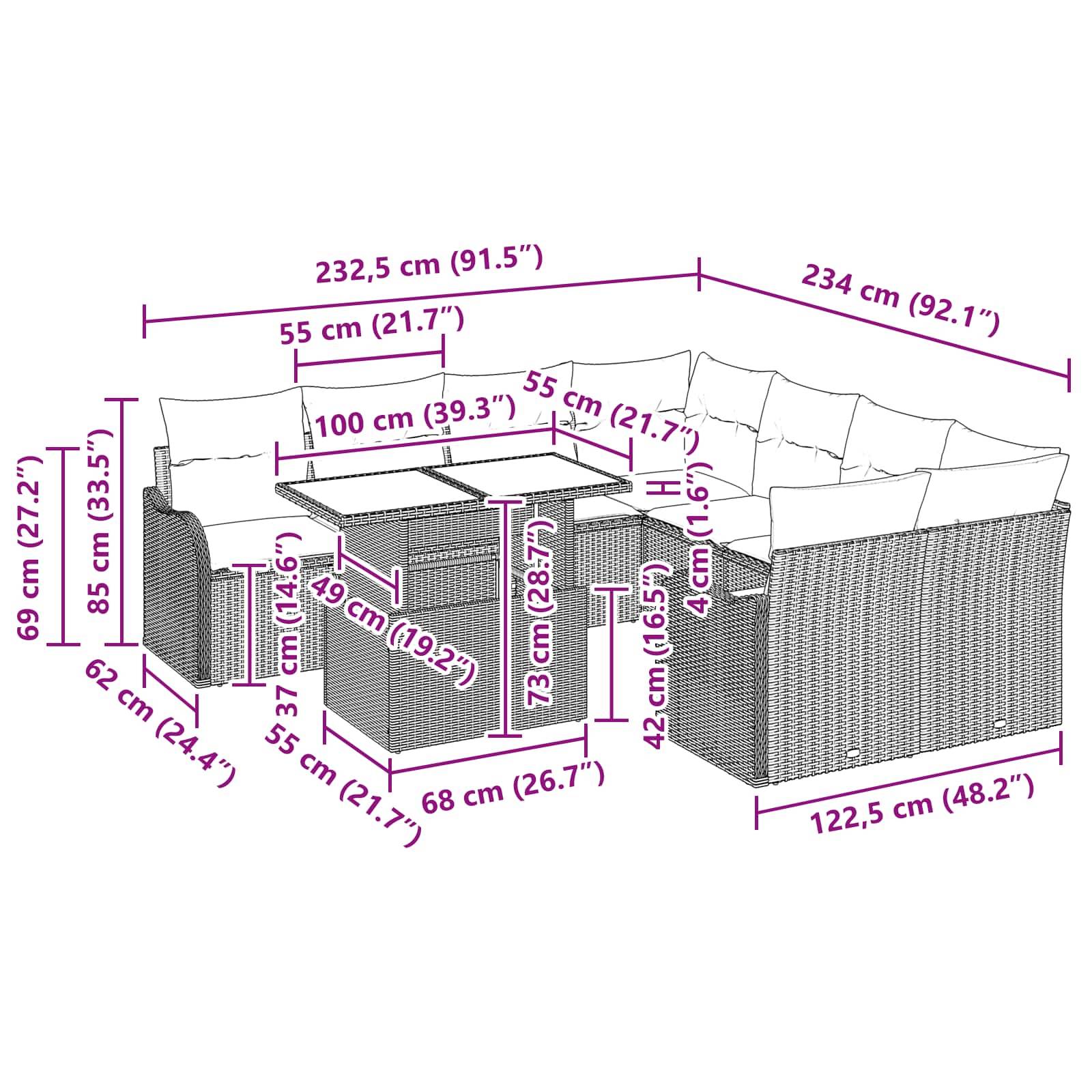 Maßstabgerechte Zeichnung einer Ecksofa-Garnitur mit Beistelltisch, showing overall size 232.5 by 234 cm and component measurements in cm and inches.
