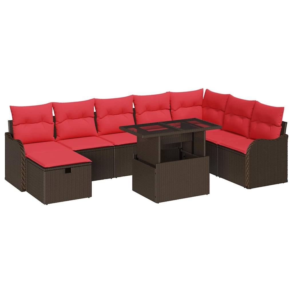 Rotes Outdoor-Rattan-Ecksofa-Set für die Terrasse mit roten Kissen und passendem Couchtisch