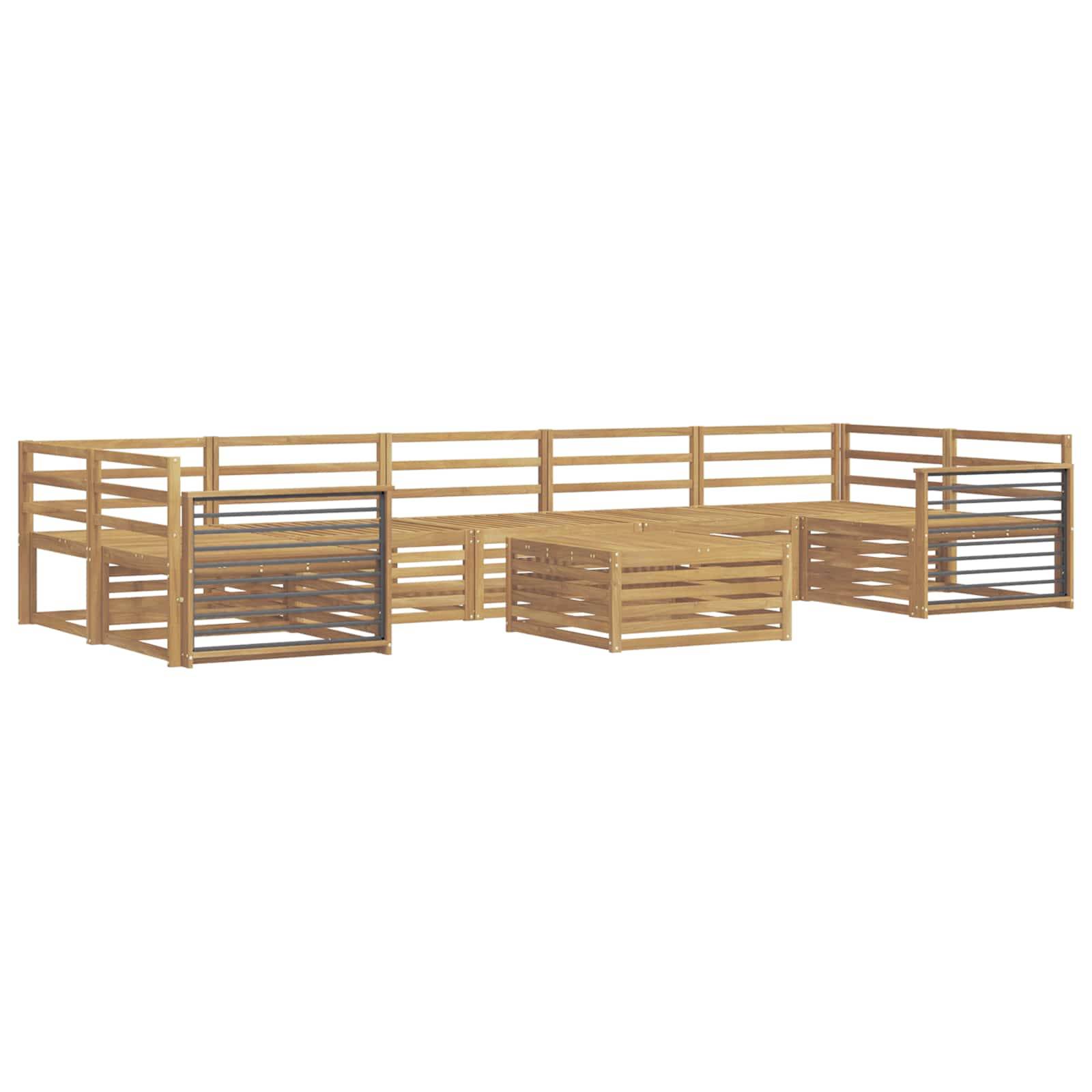 Holz-Outdoor-Ecksofa mit Lattenbanken, Rückenlehnen mit Geländer und integrierten Tischbereichen, auf weißem Hintergrund dargestellt.