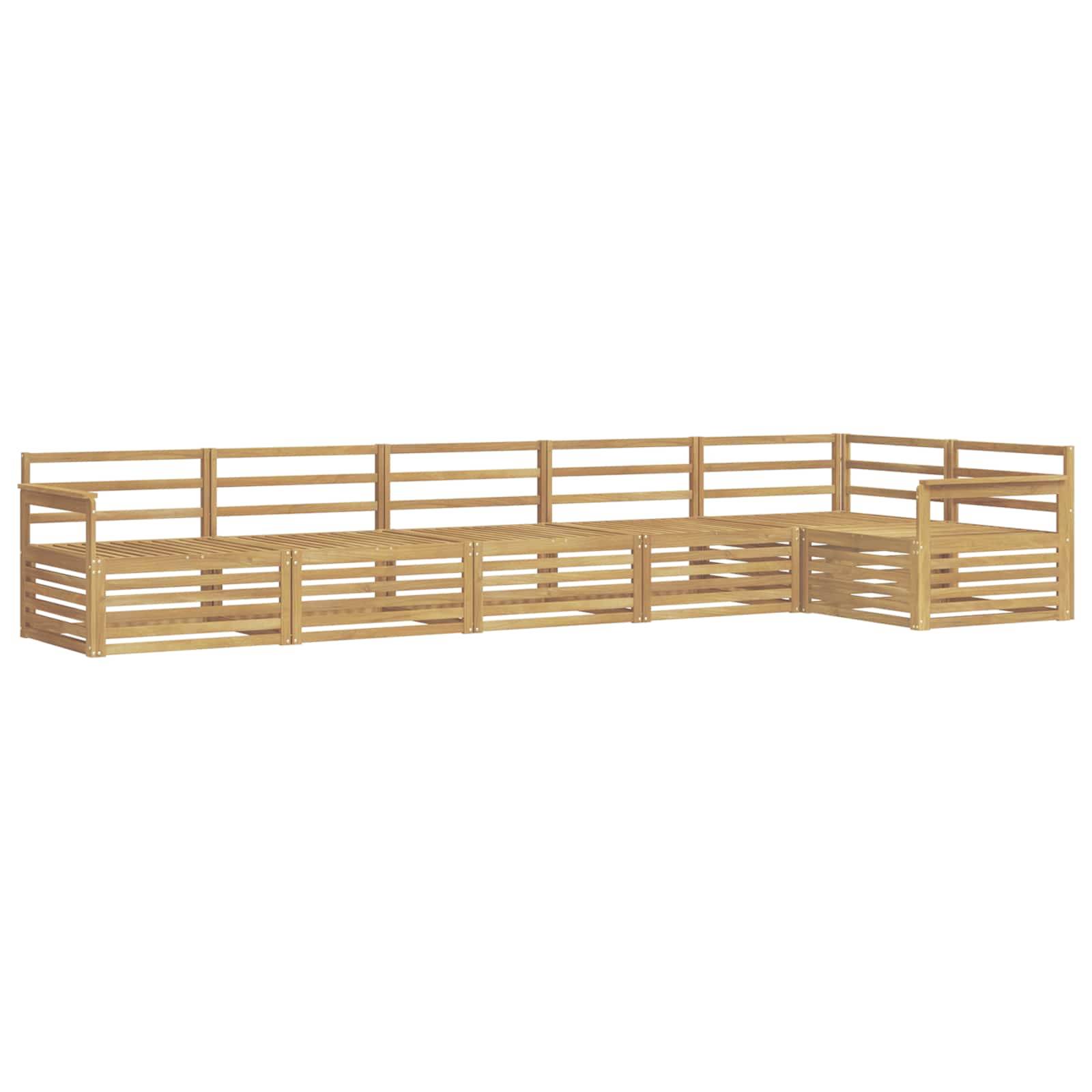 Holzaußengehäuse mit Lamellenpaneelen und Schienen, in einer langen L-Form auf weißem Hintergrund.