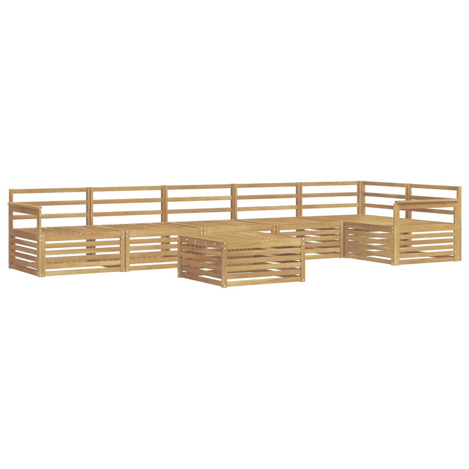L-förmige Holz-Außensitzecke mit Lamellenseiten und zentralem quadratischem Tisch.