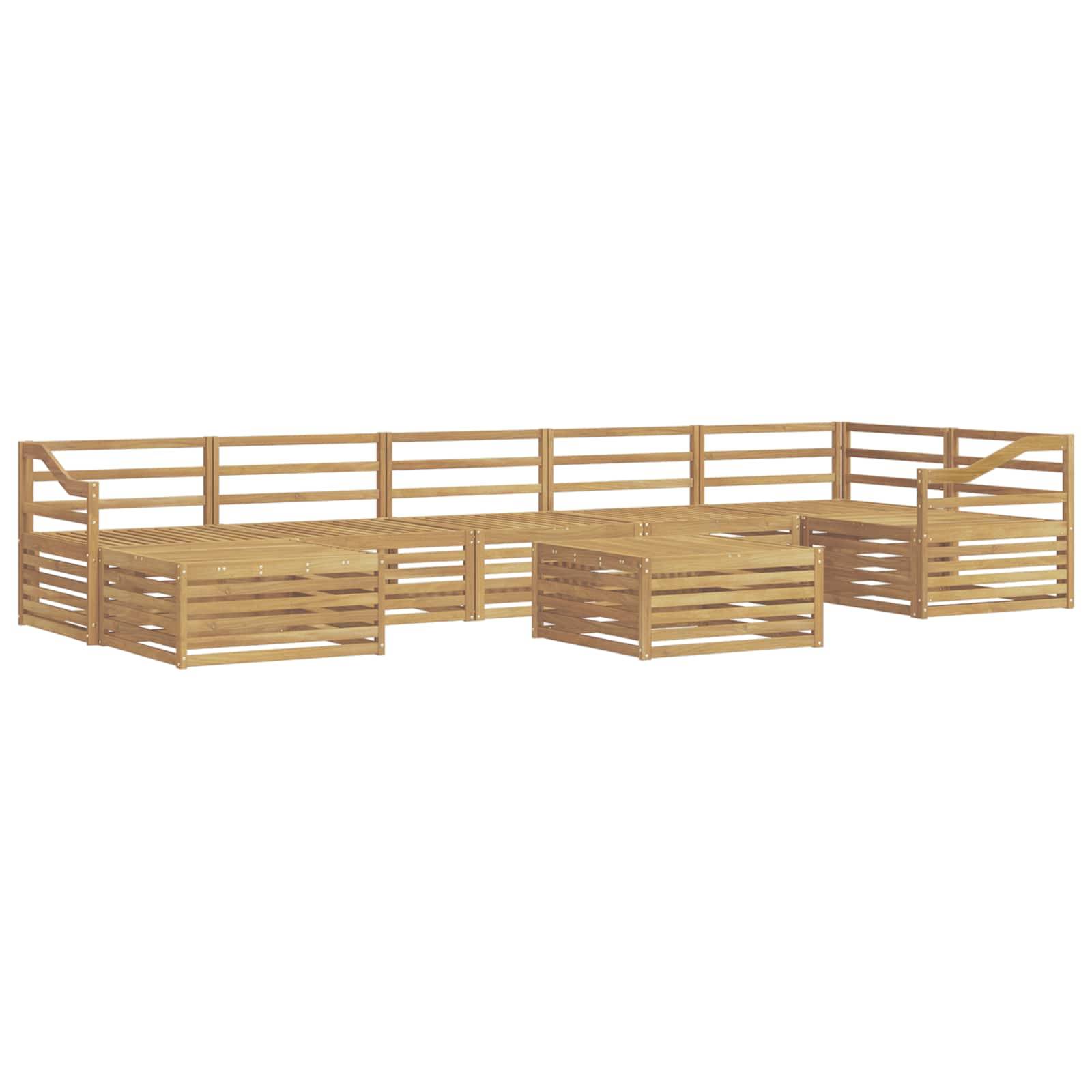 Holzbesteck für den Außenbereich mit eingebauten bankähnlichen Sitzmöglichkeiten an den Kanten, auf weißem Hintergrund dargestellt.