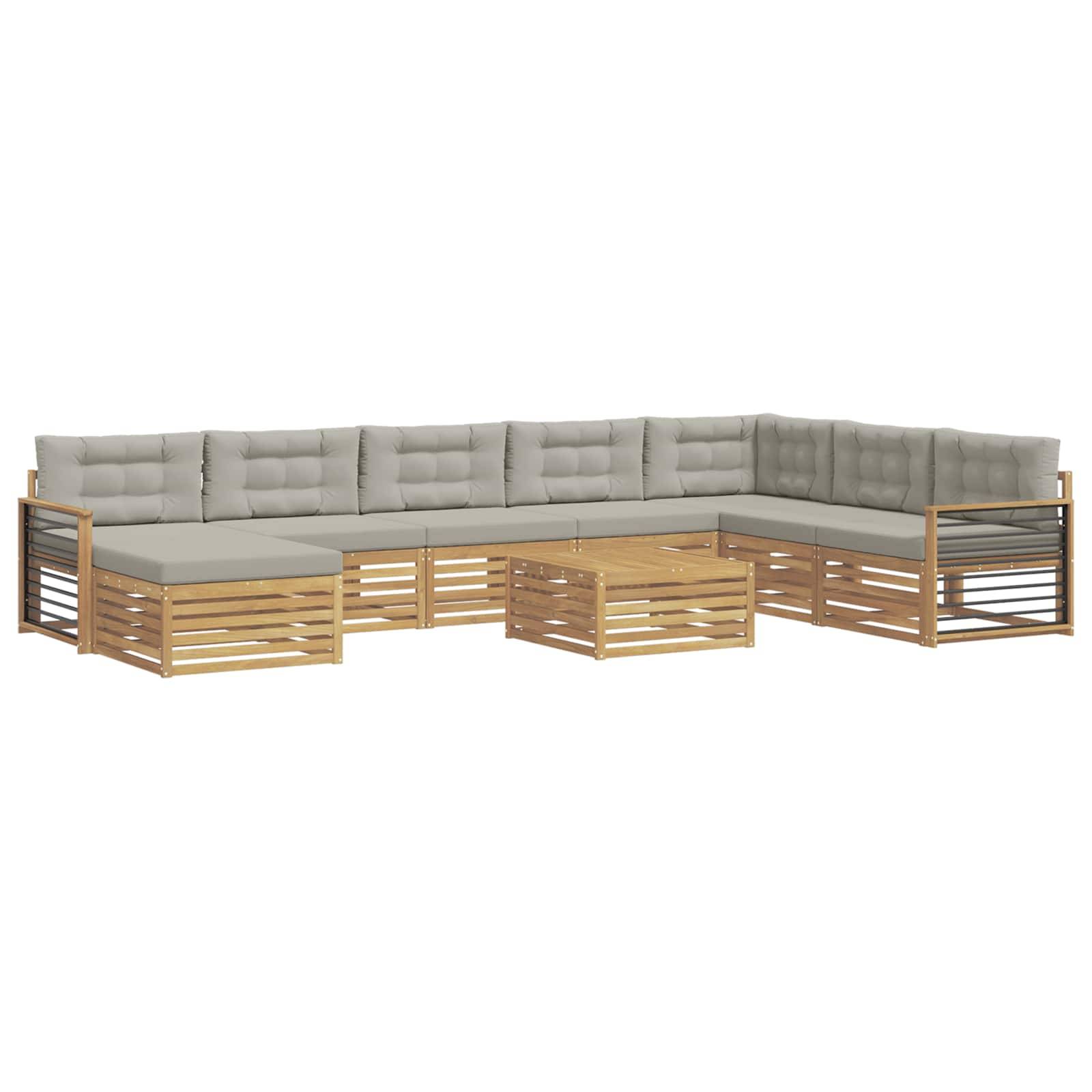 L-förmiges Outdoor-Ecksofa mit grauen Kissen und hellem Holzlattenrahmen, auf weißem Hintergrund dargestellt.