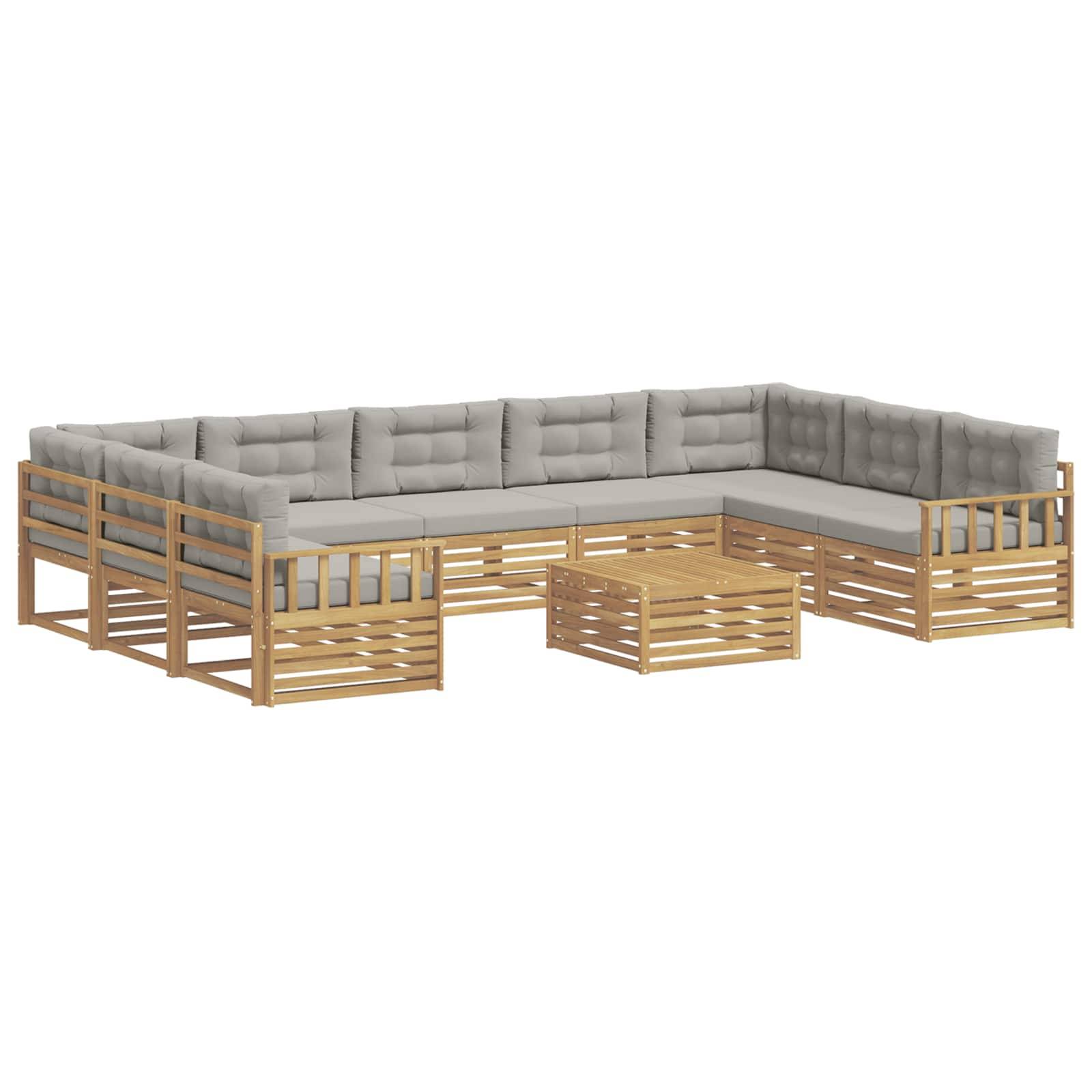 L-förmiges Außen-Ecksofa mit grauen Kissen und hellem Holzlattenrahmen, auf weißem Hintergrund dargestellt.