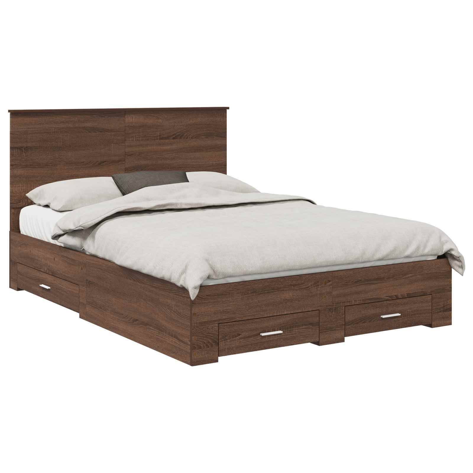 Holzbettgestell mit Kopfteil, Schubladen im Sockelbereich und weißer Bettwäsche auf einfachem Hintergrund.