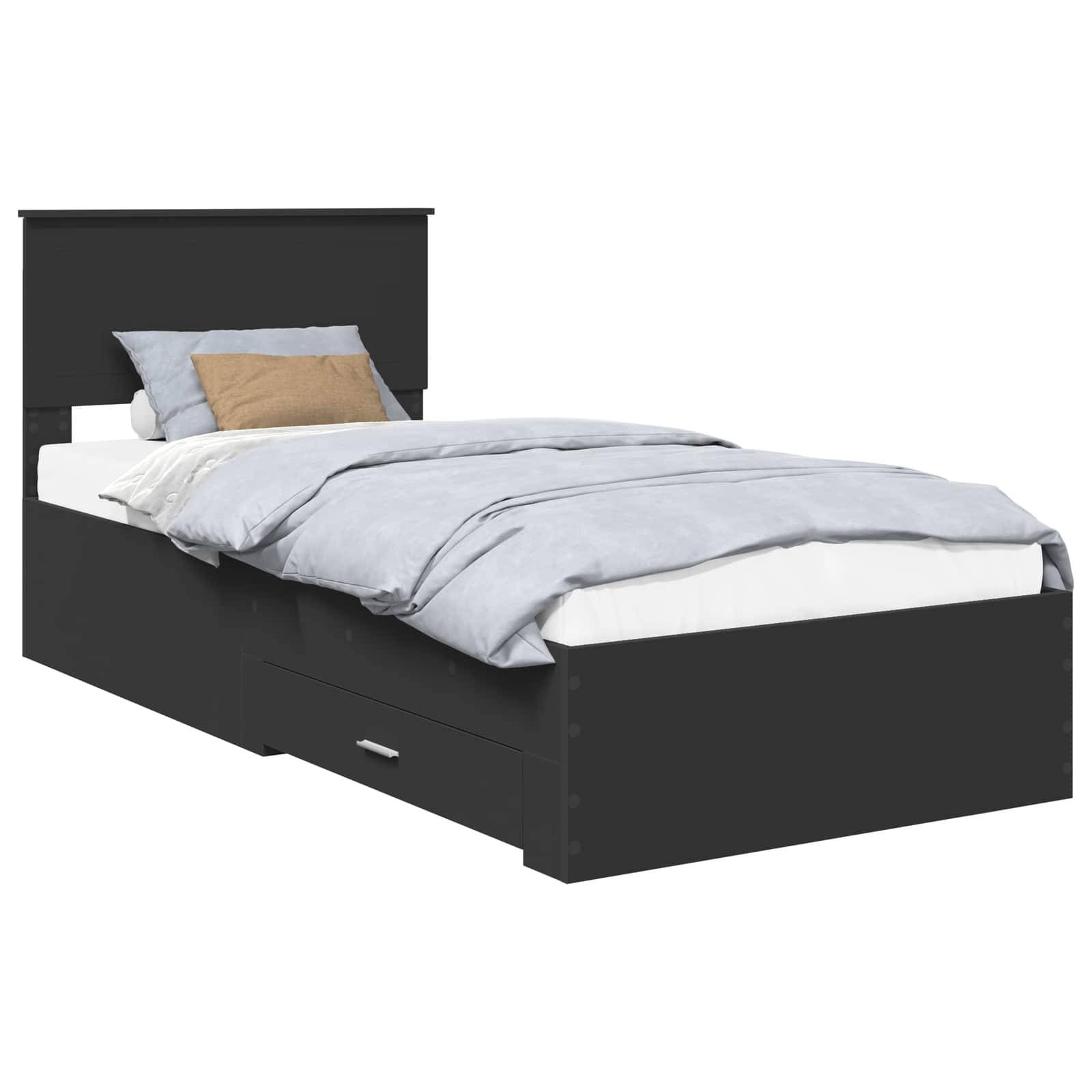 Schwarzes Einzelbett mit Kopfteil, weiße Bettwäsche, Kissen und eine Schublade zur Aufbewahrung unter dem Rahmen.