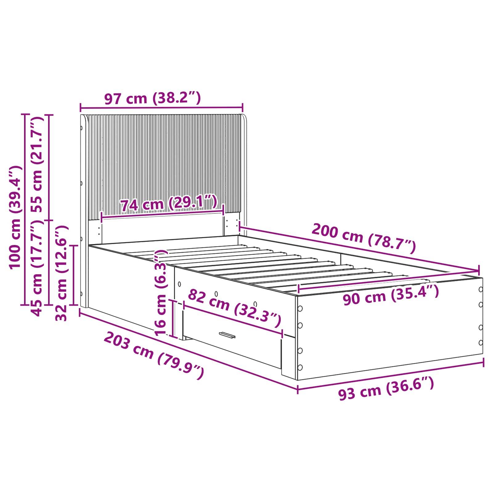 Maßstabsgerechte Zeichnung eines Einzelbettgestells mit Kopfteil und Lattenrost, mit Gesamtgröße 203 x 97 x 100 cm und Matratzenbereich 200 x 90 cm.