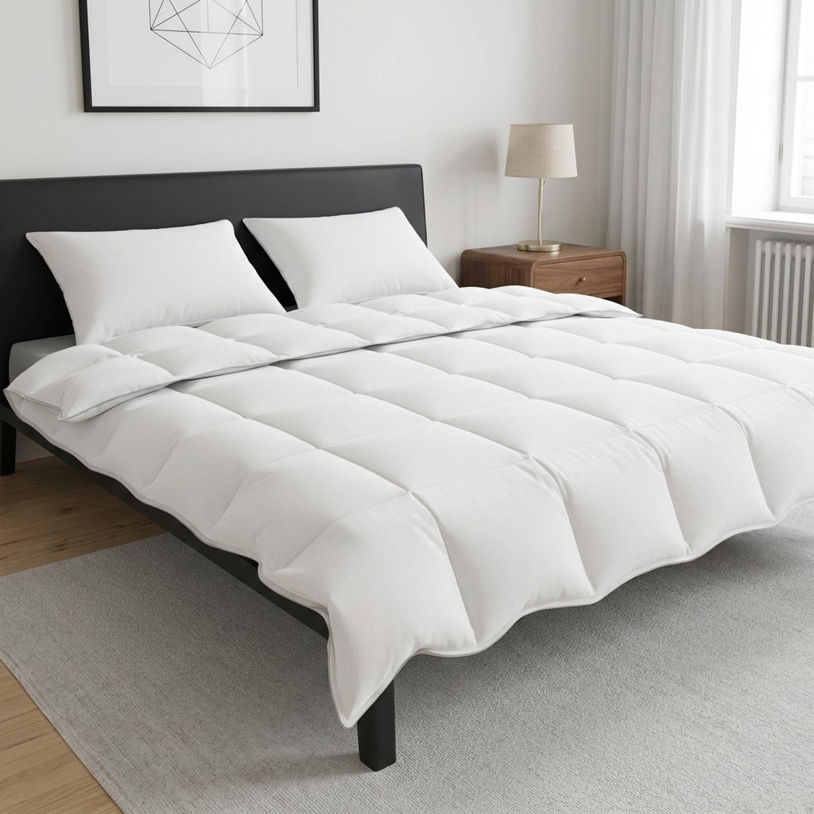 Minimalistisches Schlafzimmer mit schwarzem Bettrahmen, weißer Bettwäsche, Nachttischlampe und gerahmter Wandkunst.