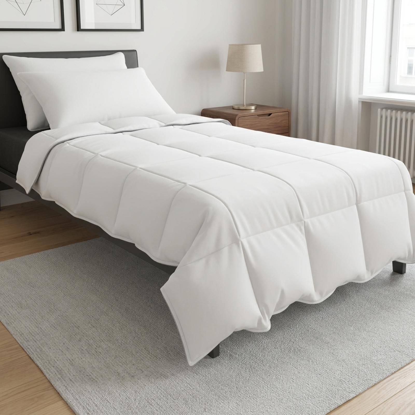 Weiß gerahmtes Bett mit weißer Bettwäsche und Kissen in einem hellen, minimalistischen Schlafzimmer neben einem hölzernen Nachttisch und Fenster.
