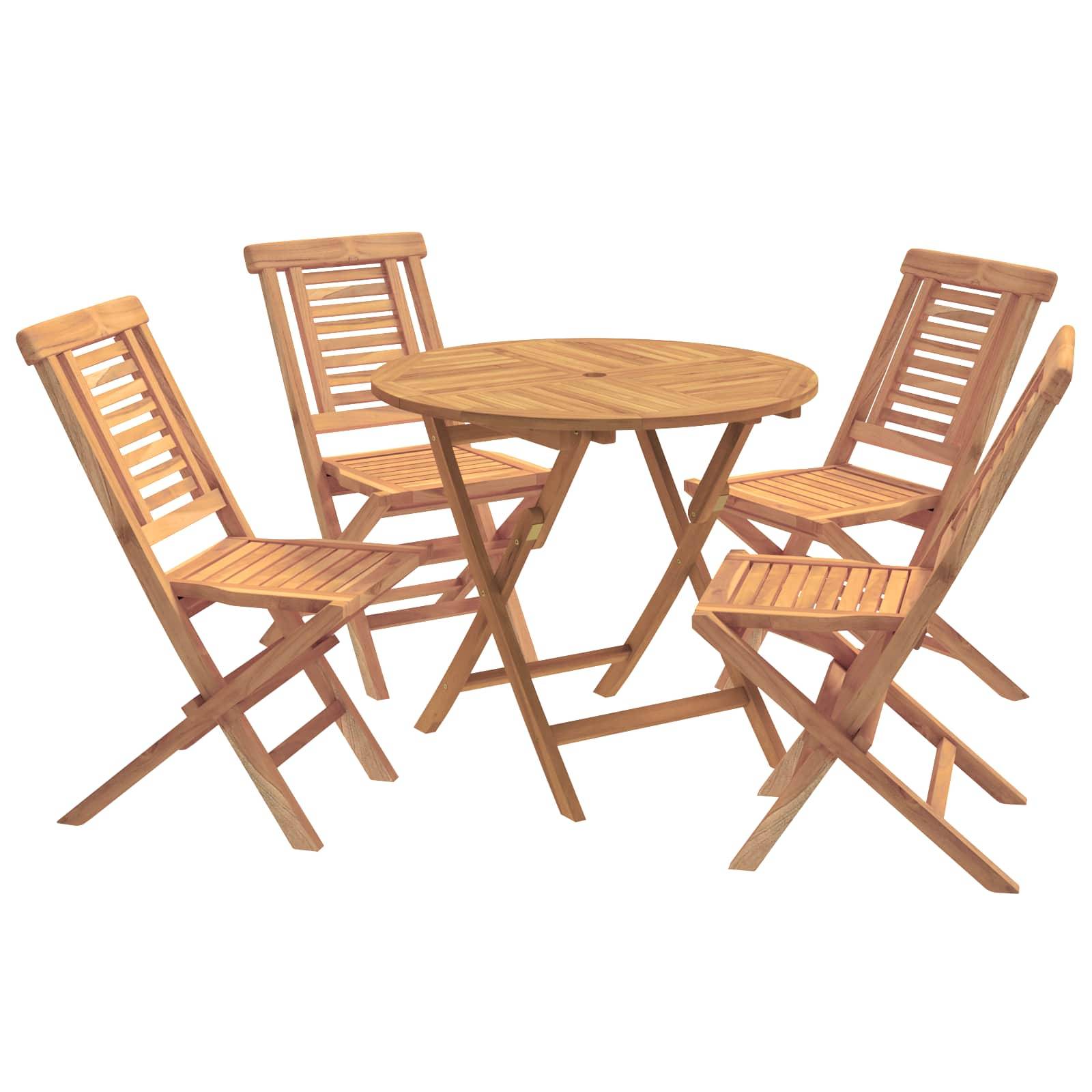 Holzgartenmöbel-Set mit rundem Klapptisch und vier passenden Lattenholzstühlen auf weißem Hintergrund.