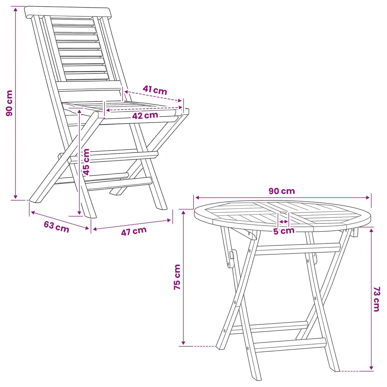 Maßstabgerechte Linienzeichnung eines zusammenklappbaren Holzstuhls und eines runden Tisches mit Größenangaben in Zentimetern: Stuhl 90 cm hoch, Tisch 90 cm breit, mit beschrifteten Sitz- und Beinmessungen.