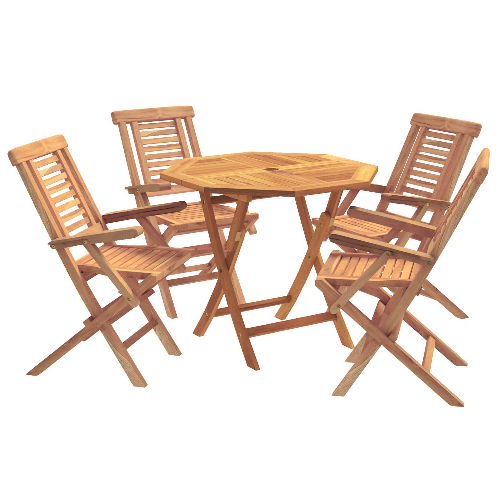 Holzmöbel-Set für die Terrasse im Freien mit einem quadratischen Klapptisch und vier Klappstühlen auf weißem Hintergrund.