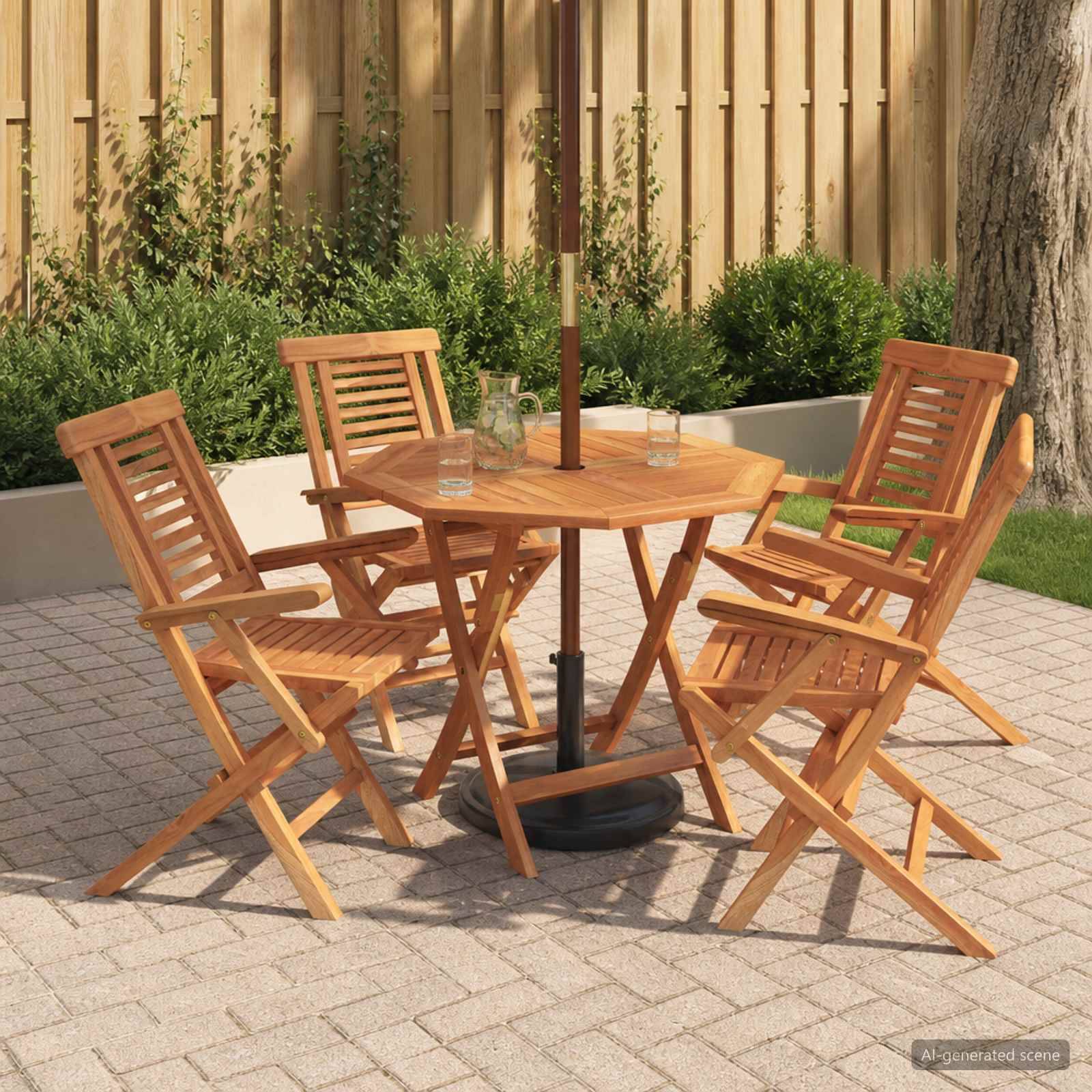 Outdoor-Terrassenmöbel-Set mit vier hölzernen Klappstühlen um einen sechseckigen Holztisch unter einem Terrassenschirmständer.