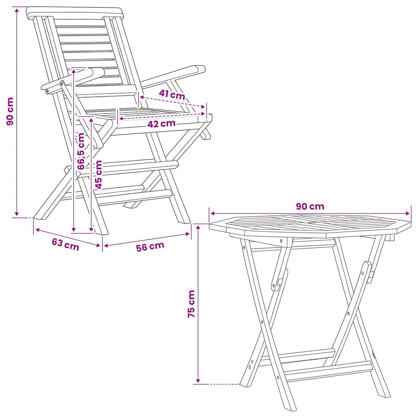 Maßstabsgetreue Linienzeichnung eines zusammenklappbaren Holzstuhls und eines passenden Tisches mit Darstellung der Sitzhöhe des Stuhls von 90 cm und der Tischhöhe von 75 cm mit Breitenmaßen.