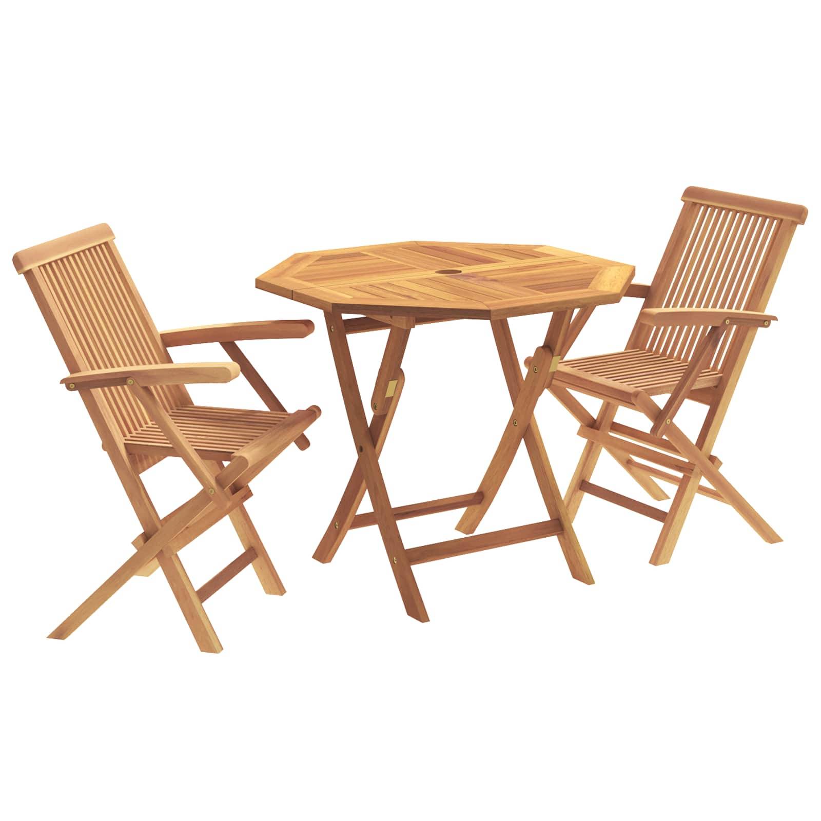 Holz-Außenbereich-Bistro-Set mit hexagonalem Tisch und zwei klappbaren Stäbchenrückenlehnen-Stühlen auf weißem Hintergrund.