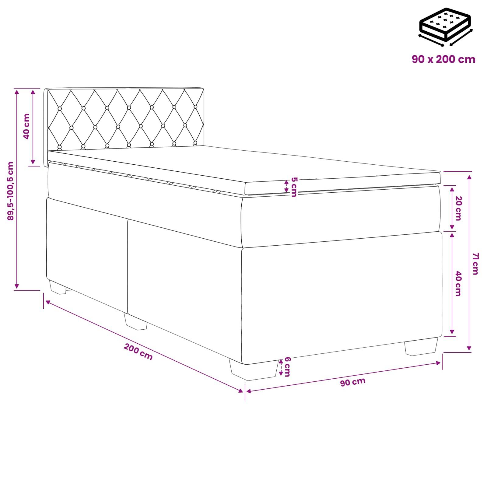 Diagramm eines Einzelbetts mit gepolstertem Kopfteil mit Knopfheftung und Stauraumbasis mit Scharnieren, mit beschrifteten Abmessungen: 200 cm lang, 90 cm breit, 71 cm hoch.