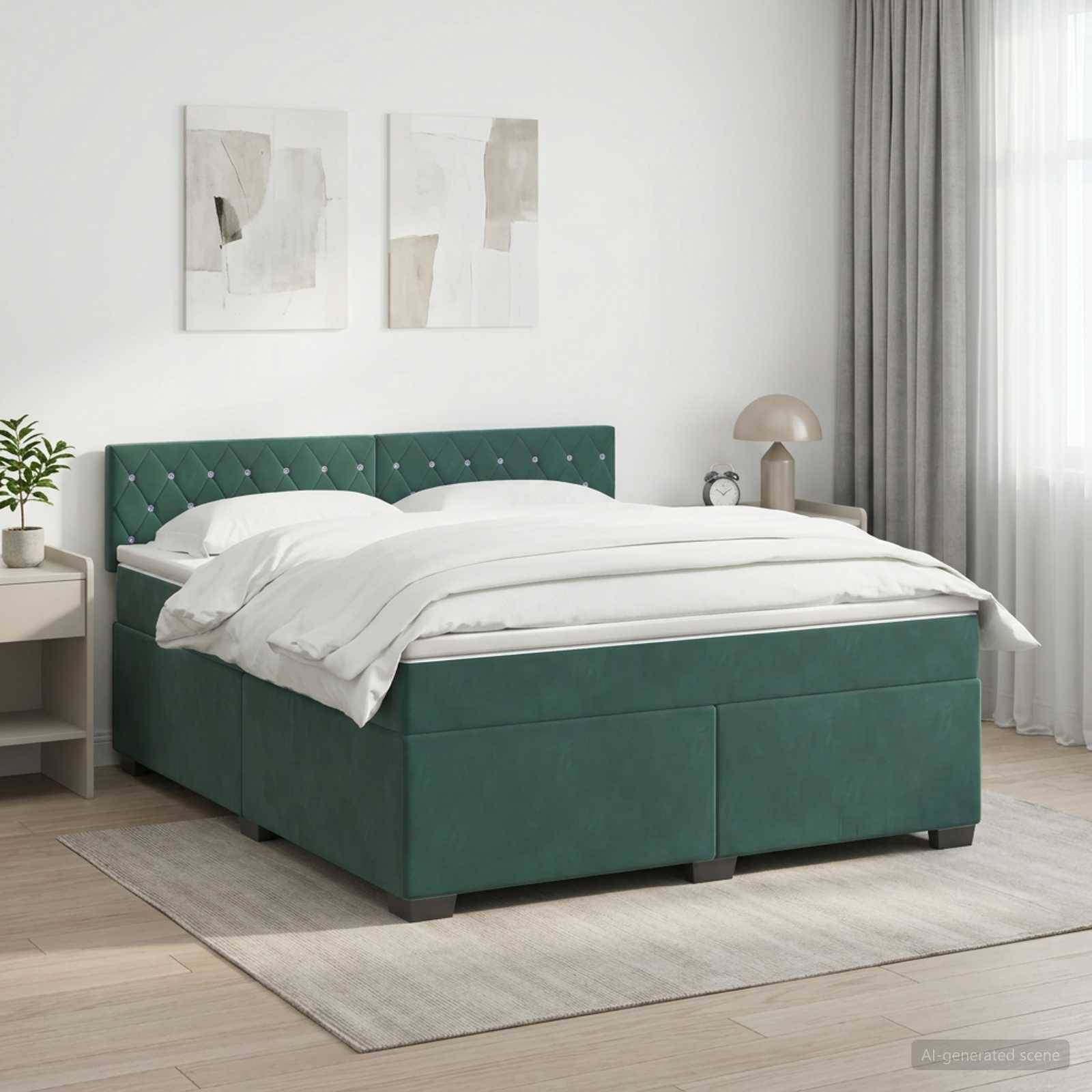 Grünes gepolstertes Bett mit weißer Bettwäsche in einem hellen minimalistischen Schlafzimmer mit Wandkunst, Nachttisch, Lampe und Vorhängen.