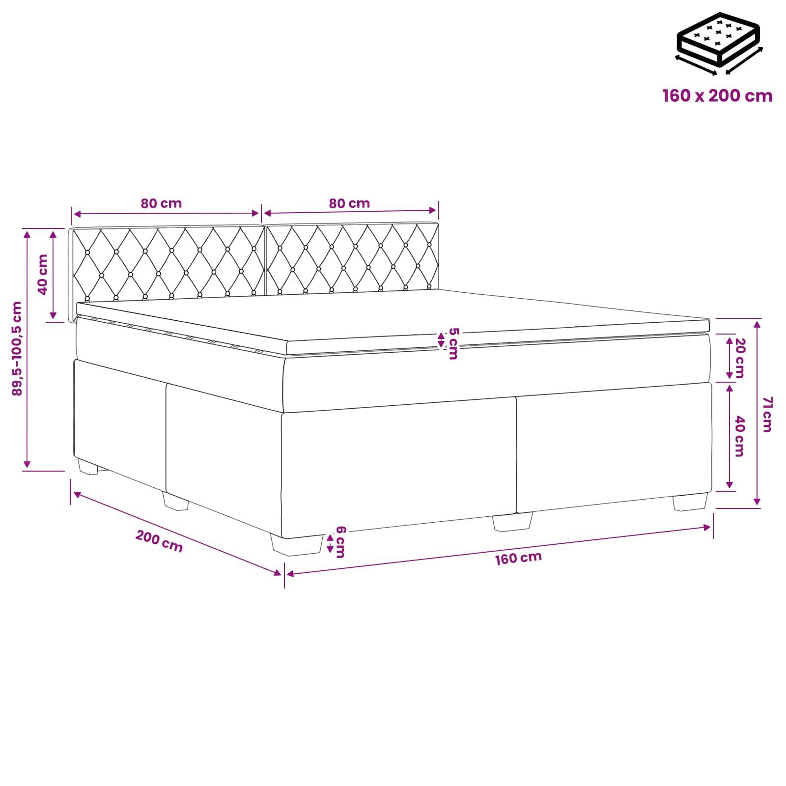 Diagramm eines Speicherbetts mit gestepptem Kopfteil und Abmessungen: 160 x 200 cm Matratze, 160 cm breit, 200 cm lang, 98,5-100,5 cm hoch.