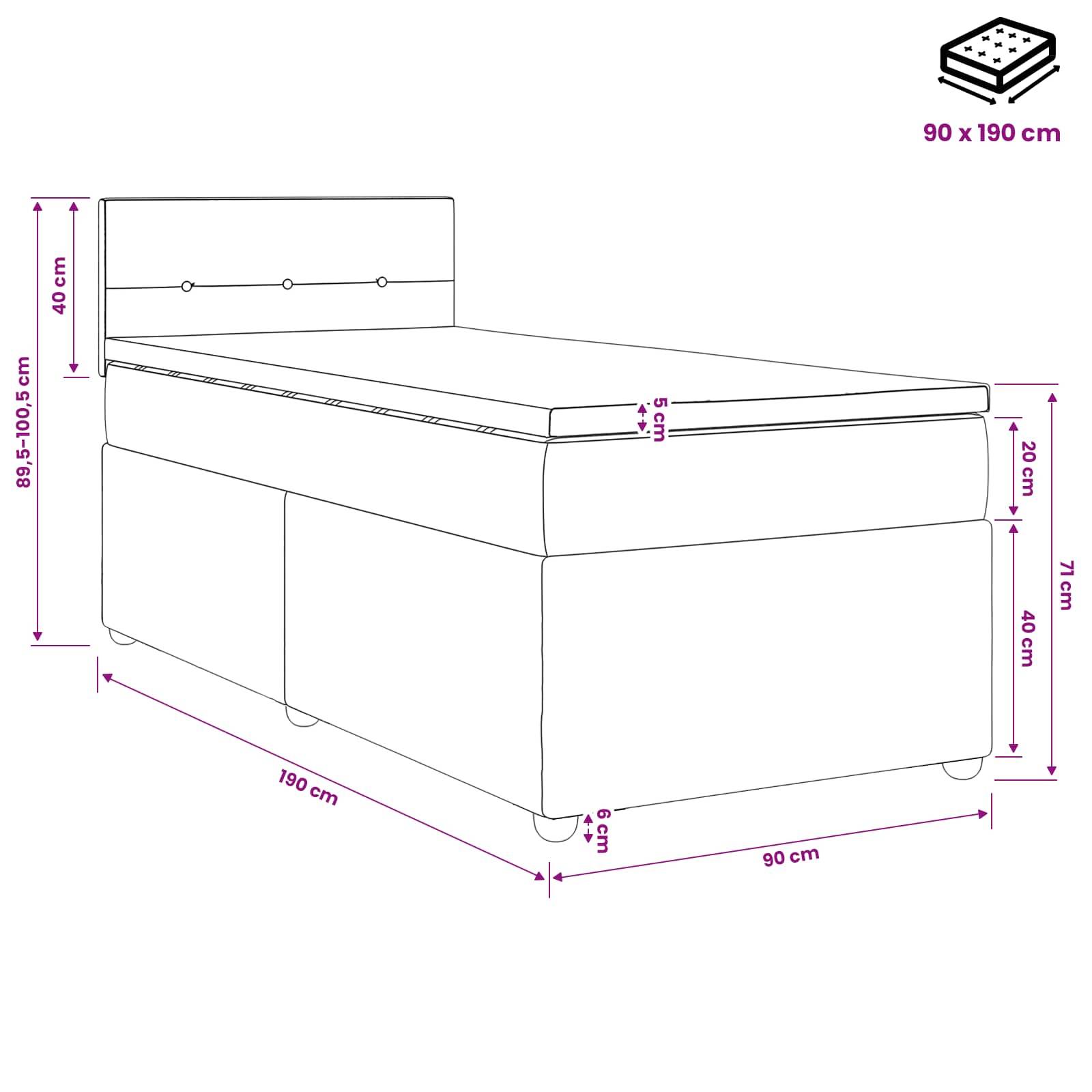 Maßstabzeichnung eines Einzelbetts mit einer Gesamtgröße von 190 x 90 cm, Kopfteilhöhe von 40 cm und Gesamthöhe von 89,5-100,5 cm.
