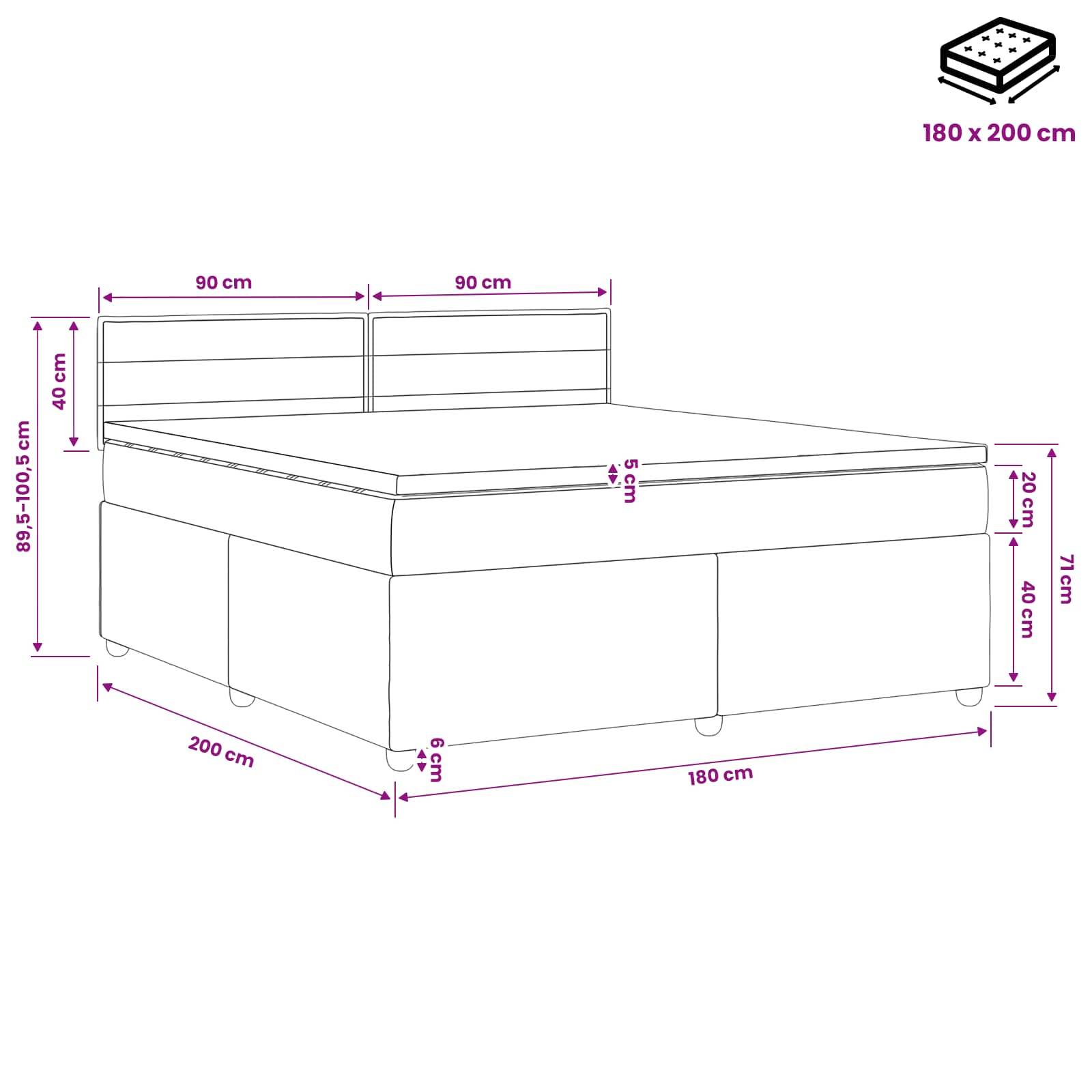 Linienzeichnung eines gepolsterten Bettes mit beschrifteten Abmessungen: 180 x 200 cm Matratzenformat, 180 cm breit, 200 cm lang, 71 cm Gesamthöhe, 40 cm Kopfteil, 40 cm Seitenhöhe, 6 cm Füße.