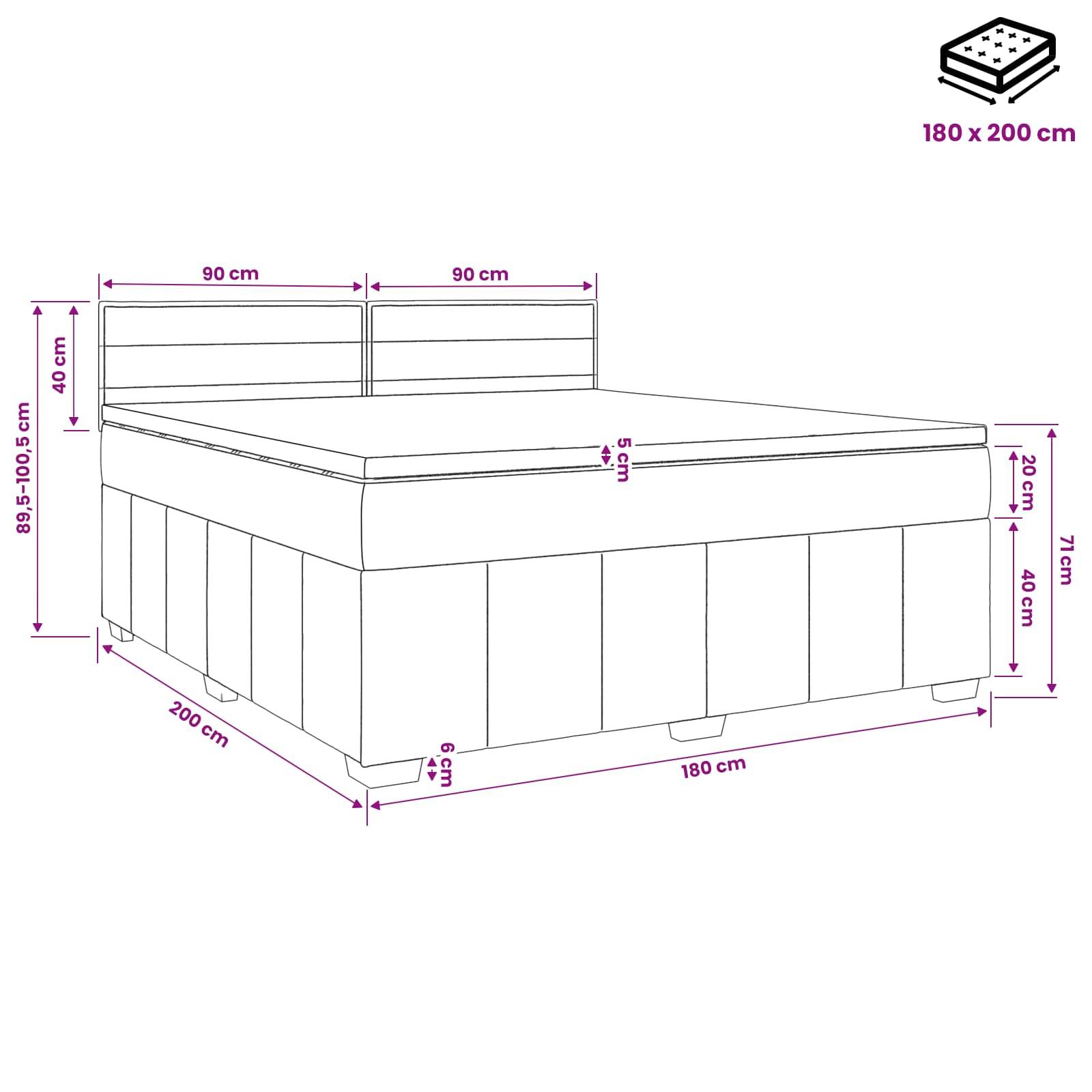 Annotiertes Bettdiagramm mit Abmessungen: 180 x 200 cm Matratze, 180 cm Breite, 200 cm Länge, 95-105,5 cm Kopfteilhöhe, 40 cm Sockelhöhe, 20 cm und 5 cm obere Dicke.
