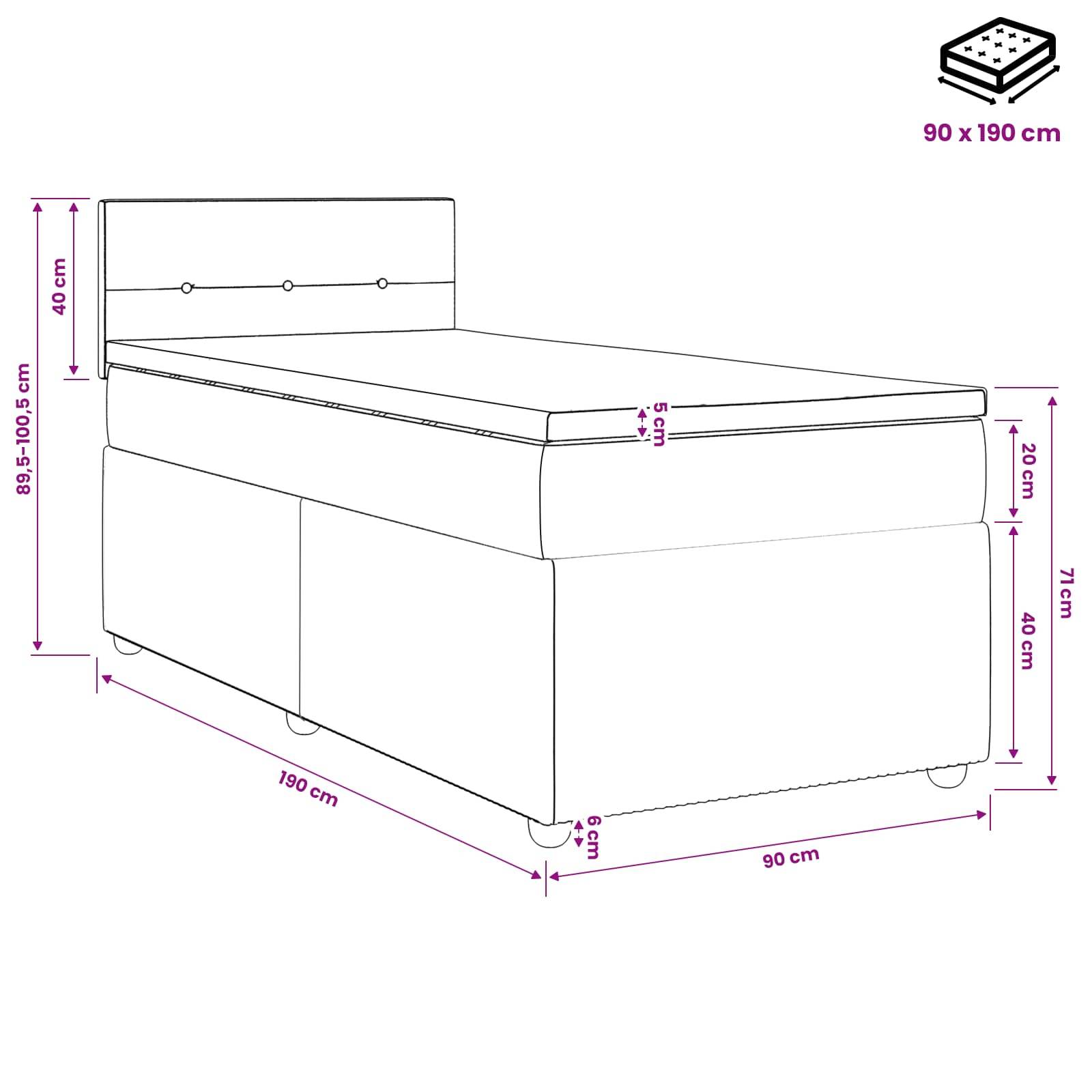 Maßstabgerechte Linienzeichnung eines Einzelbetts mit Kopfteil, die Matratzenabmessungen 90 x 190 cm und Maße für Länge, Breite, Höhe und Kopfteildimensionen zeigt.