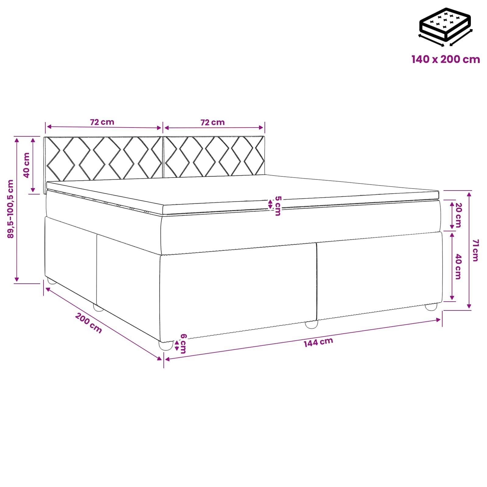 Maßstabszeichnung eines Speicherbetts mit gepolstertem Kopfteil, beschriftet für eine 140 x 200 cm Matratze; Schlüsselmessungen umfassen 200 cm Länge, 144 cm Breite und 89,5-100,5 cm Höhe.
