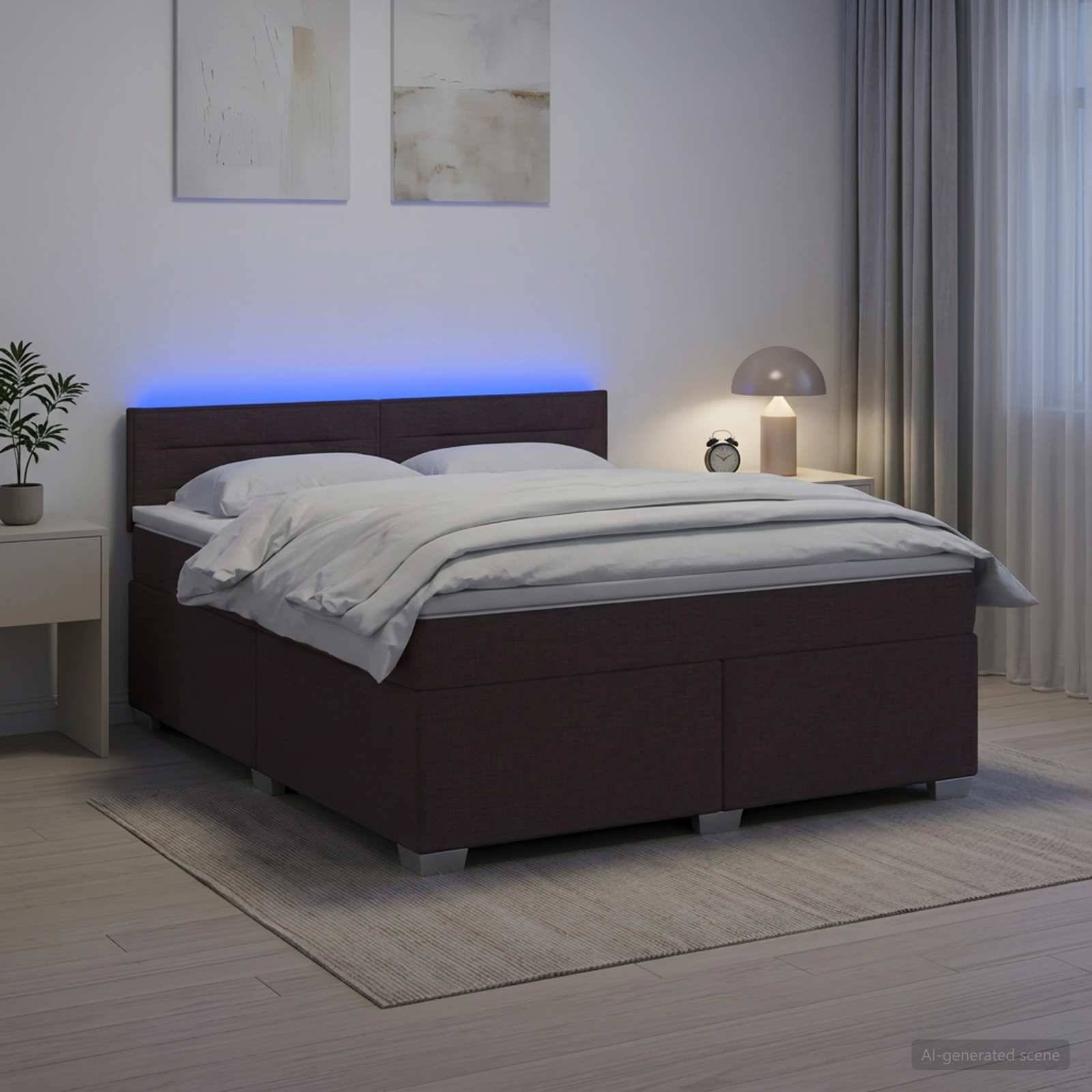 Modernes Schlafzimmer mit dunklem gepolstertem Bett, blauer LED-Kopfleuchte, weißer Bettwäsche, Nachttischlampe, Wandkunst und Vorhängen auf einem neutralen Teppich.