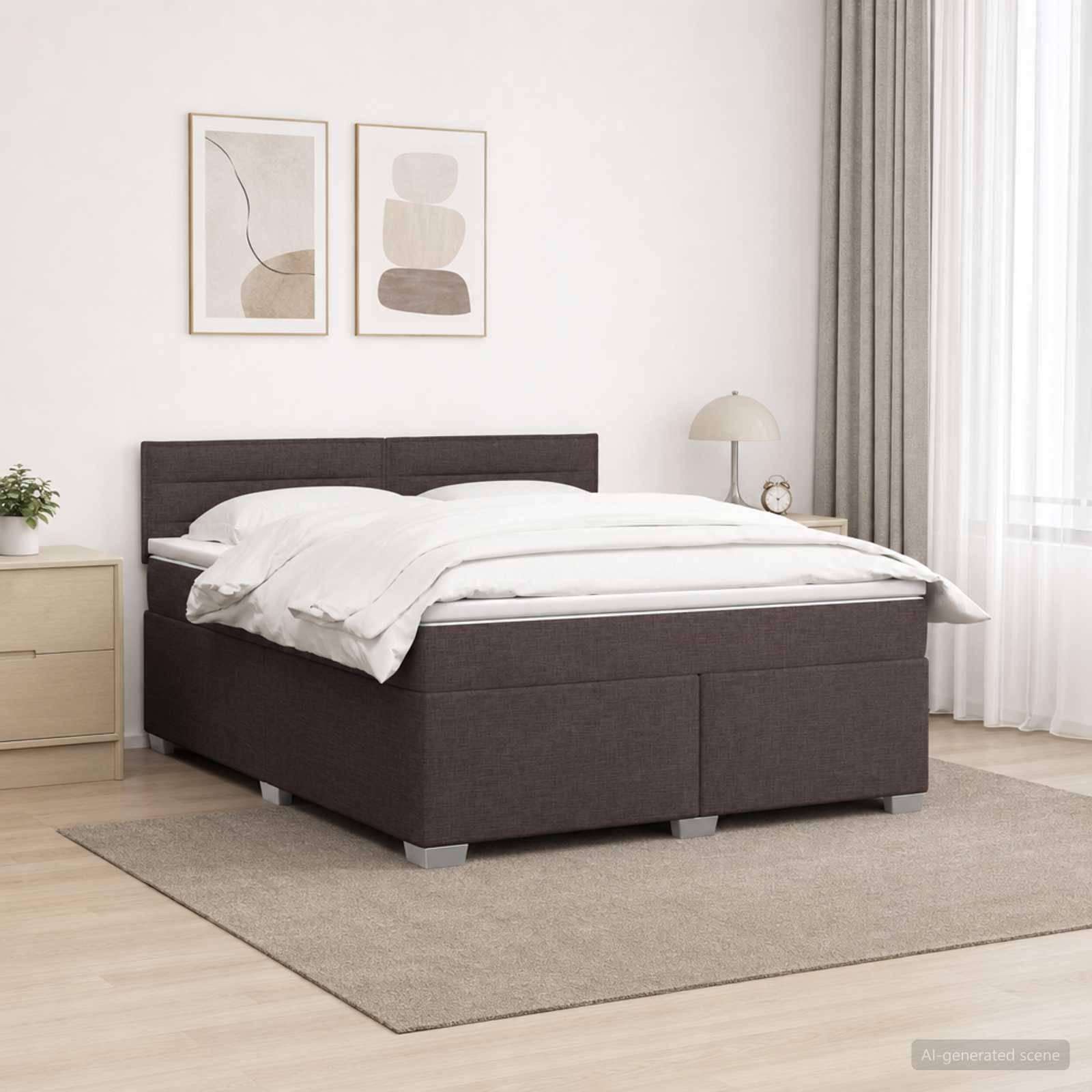 Modernes Schlafzimmer mit dunkel gepolstertem Bett, weißer Bettwäsche, beigem Teppich, Nachttisch, Lampe und minimalistischer Wandkunst.