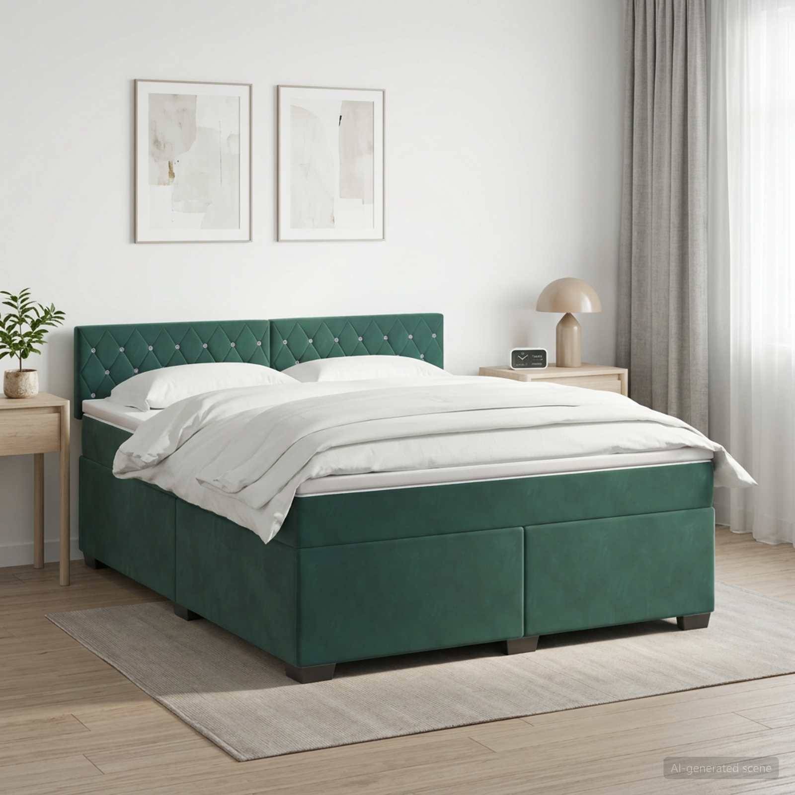 Modernes Schlafzimmer mit grünem gepolstertem Bett, weißer Bettwäsche, passenden Nachttischen, gerahmten Wandbildern und weichem Naturlicht.